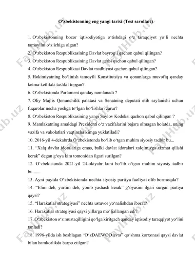 oʻzbekistonning eng yangi tarixi (test savollari) — DOCX