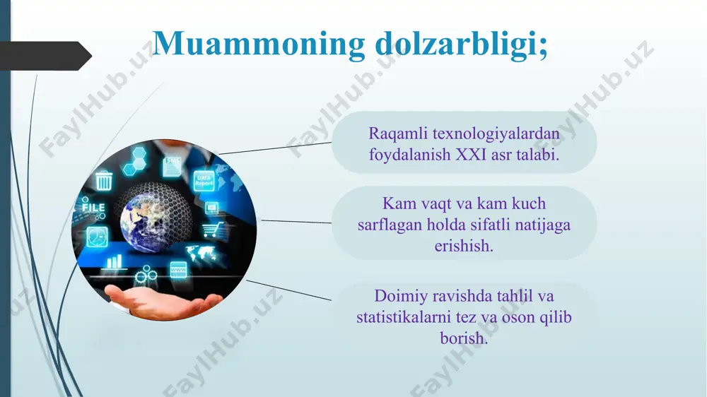 orqali o'qituvchilar o'quv materiallarini tarqatish, topshiriqlarni boshqarish va talabalarning rivojlanishini kuzatish imkoniyatiga ega. buyuk britaniyada o`quv dasturlarini ishlab chiqish uchun maxsus platformalar mavjud, masalan classflow. bu plarformalar interaktiv dars materiallarini yaratishda yordam beradi. o`quvchilarning qobiliyatlarini tahlil qilish uchun raqamli test tizimlari (masalam sat prsactice) keng qo`llaniladi. qiyosiy tahlil takliflar amaldagi holat(xorijda) amaldagi holat(o`zbekistonda) elektron jurnal va darslarni boshqarish tizimlari mavjud, lekin ularning funksional imkoniyatlari kam o`qituvchilar akt vositalarini ishlatishda yetarli bilim va ko`nikmaga ega emas, treninglar yetarli emas qishloq hududlarida internet aloqasi va texnologik resurslar yetarli emas koreyada: elektron kundalik va raqamli kutubxonalar joriy etilganligi. aqsh: ma’lumotlarni boshqarish tizimlarining keng qo`llanilishi, sun’iy intellect yordamida boshqarish har bir maktabni yuqori tezlikdagi internet bilan ta’minlash va o`quvchilarga to`g`ri yo`nalish ko`rsatish o`quvchilar orasida akt savodxonligi yuzasidan robotlar, ilovalar yoki o`yinlar loyihalarini yaratish bo`yicha konkurslar tashkil etish o`qituvchi va o`quvchilarga ilg`or dasturlash ma’lumotlar tahlili va kiberxavfsizlik bo`yicha chuqurlashtirilgan kurslar tashkil etish buyuk britaniya: dasturiy …