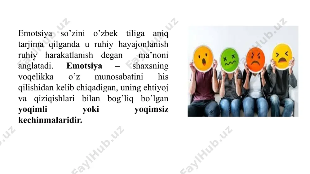 ning yoki uning bo'ysunuvchi rolini o'ynaydi. yanada murakkab his-tuyg'ularning tarkibiy qismi sifatida namoyon bo’ladi; 2) o'ziga xos emotsional jarayonlar va holatlar ko'rinishidagi turli ob'ektiv his-tuyg'ular; 3) umumlashtirilgan dunyoqarash hissiyotlari; ularning barchasi shaxs hayotiga organik ravishda kiritilgan hissiy sohaning asosiy ko'rinishlarini tashkil qiladi. his-tuyg’ularning ifodalanishi va ulardagi tafovutlar reykovski (1979) ta'kidlashicha, his-tuyg'ularning yuz ifodalarining shakllanishiga uchta omil ta'sir qiladi: - tug'ma turlar - muayyan hissiy holatlarga mos keladigan tipik yuz ifodalari; - his-tuyg'ularni ifodalashning o'zlashtirilgan, o'rganilgan, ijtimoiylashtirilgan usullari, ixtiyoriy ravishda boshqariladi; - yuz ifodasining o'ziga xos va ijtimoiy shakllariga faqat ma'lum bir shaxsga xos bo'lgan o'ziga xos xususiyatlarni beruvchi individual ekspressiv xususiyatlar. eng tez-tez ko'rsatiladigan yuz ifodalari - tabassum (zavq bilan) va “achchiqlanish" (nafrat bilan). asosiy hissiy holatlar quyidagilar (k.izard klassifikatsiyasi bo`yicha) qiziqish malaka va ko`nikmalar rivojiga, bilim egallashiga moyillik tug`diradigan ijobiy hissiy holat. quvonch- to`la qondirilishi mumkin bo`lmagan, har holda qondirilishi noaniq dolzarb bo`lgan ehtiyojni qondirilishi mumkinligi bilan bog`liq ijobiy …