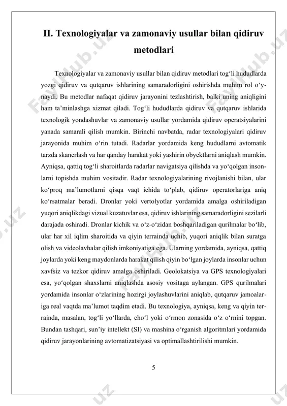 ruv va qutqaruv ishlarining samaradorligini sezilarli darajada oshirish mumkin. radar, dronlar, gps va sun’iy intellekt kabi texnologiyalar birgalikda ishlash orqali, qidiruv jarayonlari tez, aniq va xavfsiz boʻlishi ta’minlanadi. bu esa, oʻz navbatida, inson hayotini saqlash va xavfsizlikni ta’minlashda muhim ahamiyat kasb etadi. shuningdek, texnologik rivojlanishlar va innovatsiyalar yordamida, qutqaruv jamoalarining malakasini oshirish va qiyinchiliklarni yengish imkoniyatlari kengayadi. bu sohada olib borilayotgan ilmiy-tadqiqotlar va amaliyotlar, kelajakda qidiruv va qutqaruv ishlarining yanada samarali va xavfsiz boʻlishiga zamin yaratadi. iii. qutqaruv jamoalarining tayyorgarligi va xavfsizlik choralari qutqaruv jamoalarining tayyorgarligi va xavfsizlik choralari togʻli hududlarda yozgi qidiruv va qutqaruv ishlarining muhim va murakkab bosqichlarini tashkil etadi. bu jarayonlarning muvaffaqiyati inson hayotini saqlash, jarohatlarning oldini olish hamda jarayonning samaradorligini oshirish uchun muhimdir. shu bilan birga, togʻli hududlarning o‘ziga xos geografik, iqlim va ekologik sharoitlariga moslashtirilgan tayyorgarlik va xavfsizlik choralari qutqaruv operatsiyalarining asosiy poydevorini tashkil etadi. birinchidan, qutqaruv jamoalarining tayyorgarligi yuqori malakali va tayyorlangan personalni o‘z …