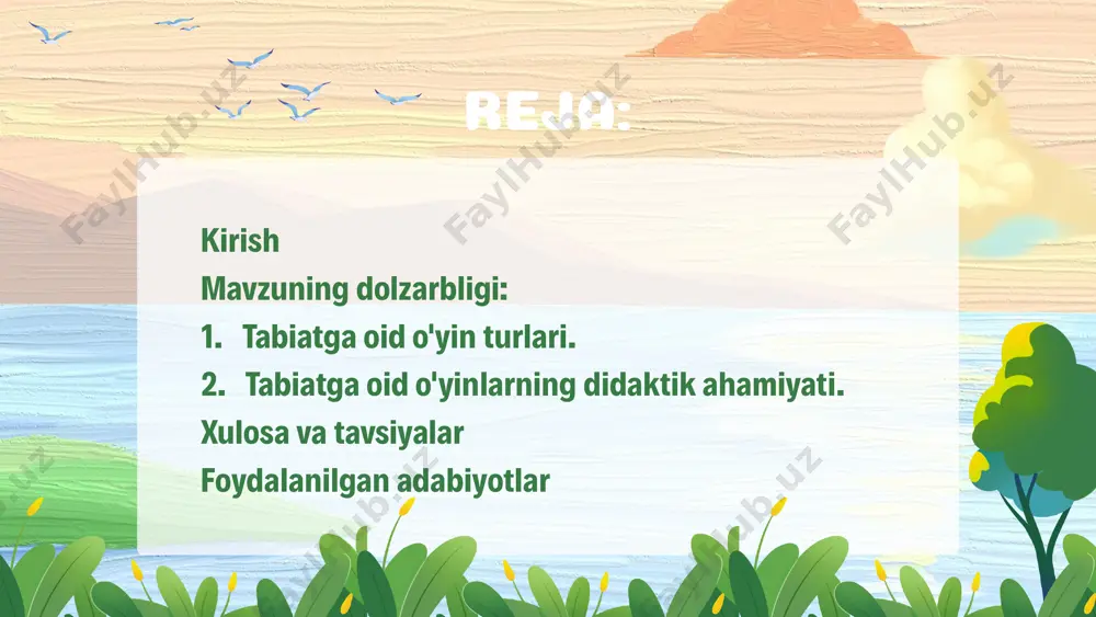 'z fikrlarini ifoda qilish, ijodiy yondashuvlar qilish, tabiat haqida gapirish va yozish, shuningdek, tabiatga oid suratlarni chizish va tasvir qilishni o'rganish imkoniyatiga ega bo'ladi. shuningdek, tabiatga oid o'yinlar talabalarning jamoat bilimlari va hamkorlik qobiliyatlarini rivojlantirishda ham muhim ahamiyatga ega. ular talabalarga guruh ishi, hamkorlik, kommunikatsiya va liderlikni o'rganish imkoniyatini beradi. tabiatga oid o'yin turlari o'yin. tabiatning oddiy hodisa va tasawurlarini kengaytirish maqsadida o'tkaziladigan kuzatishlar bilan bir qatorda xilmaxil o'yinlardan keng foydalaniladi. bu o'yinlarda bolalar sezuvchanlik tajribasini orttiradilar, egallagan bilimlarini ijodiy o'zlashtiradilar. bolalarni tabiat bilan tanishtirishda didaktik, harakatli va ijodiy o'yinlardan foydalaniladi. didaktik o'yinlar. didaktik o'yinlarda bolalar o'zlarida tabiat dagi narsa va hodisalar, hayvonlar va o'simliklar haqida mavjud bo'lgan bilimlarni aniqlaydilar, mustahkamlaydilar, kengaytiradilar. ko'pgina o'yinlar bolalarni umumlashtirish hamda turkumlashga o'rgatadi. didaktik o'yinlar xotira, diqqat, kuzatuvchanlikning o'sishiga yordam beradi, yangi sharoitlarda bolalarni mavjud bilimlaridan foydalanishga o'rgatadi, turli aqliy jarayonlarni faollashtiradi, lug'atni boyitadi, bolalarda birgalikda o'ynash ko'nikmasini tarbiyalashga yordam beradi. bolalarni tabiat bilan …