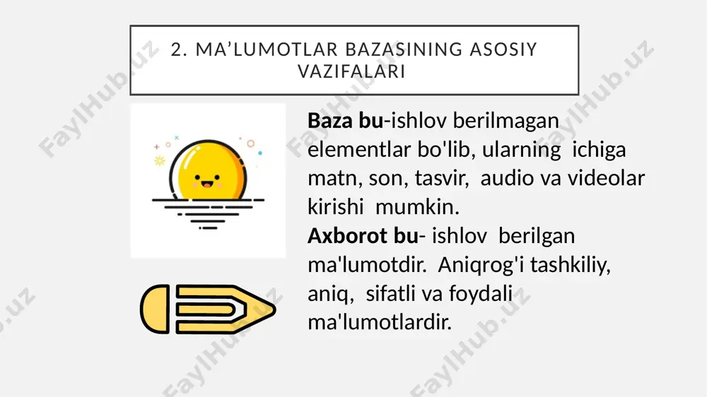 rlar bitta ma'lumotlar bazasi bilan ishlashi mumkin.bitta ma'lumotlar bazasi bilan ishlaydigan dasturlarni ko'rib chiqishda, ular parallel va bir-biridan mustaqil ishlashi mumkin deb taxmin qilinadi va aynan ma'lumotlar bazasi bilan ko'plab dasturlarning ishlashini ularning har biri bajaradigan tarzda ishlab chiqilgan ma'lumotlar bazasi to'g'ri ishlaydi, lekin boshqa dasturlar tomonidan kiritilgan ma'lumotlar bazasidagi barcha o'zgarishlarni hisobga oladi. ma'lumotlarni saqlashni tashkil etishning fizik vakolatxonasi asosida ma'lumotlarni saqlash uchun quyidagi arxitektura turlarini ajratish mumkin: mahalliy ma'lumotlar bazalari markazlashtirilgan ma'lumotlar bazalari e’tiboringiz uchun rahmat image1.jpg image2.jpg image3.png image4.png image5.png image8.png image9.png image10.png image13.jpg image14.jpeg image15.jpeg image16.png