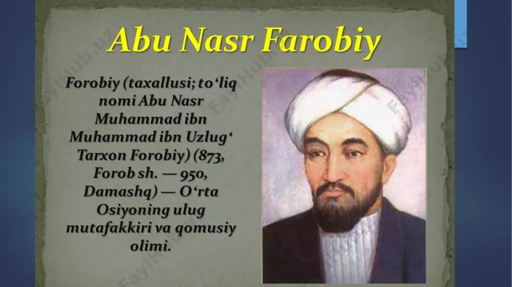eri amal qilib kelayotgan qadiriyatlarni va me`yorlarni qabul qiladilar. inson jamiyatdagi qarama –qarshiliklarni o`ziga singdira boshlaydi, har xil mushkulotlarga duch keladi. inson faoliyatining adolatga yaqinligi yoki uzoqligi uning aqliga, xulqiga, yashagan jamiyatiga bog`liq. agar unda yomonlik fikrlari ozroq bo`lsa, adolatga yaqin bo`ladi, agar ko`proq bo`lsa adolatdan, insofdan uzoqroq bo`ladi. xulq albatta insonning yaxshi yoki yomon xislatlarining nisbatiga bog`liqdir”. jamiyatda adolat asosiy mezon bo`lsa, uning a`zolari ham insof va diyonatli, mehr-oqibatli bo`ladilar. inson jamoasi to`g`risidagi ta`limotning asosini kishilarning ongli harakatini ,xulq-odatlari, tabiy –mayillari, istak va malakalarini, faoliyatlari va turmush darajalarini o`rganish masalalari tashkil etadi. farobiy ta`lim tarbiyaga bag`ishlangan asarlarida ta`lim – tarbiyaning muhumligi, unda nimalarga e`tibor berish zarurligi, ta`lim –tarbiya usullari va uslubi haqida fikr yuritadi. «fozil odamlar shahri», «baxt saodatga erishuv to`g`risida», «ixso – al - ulum», «ilmlarning kelib chiqishi», «aql ma`nolari to`g`risida» kabi asrlarida ijtimoiy – tarbiyaviy qarashlari o`z ifodasini topgan. farobiy o`z ishlarida ta`lim – tarbiyani uzviy birlikda …