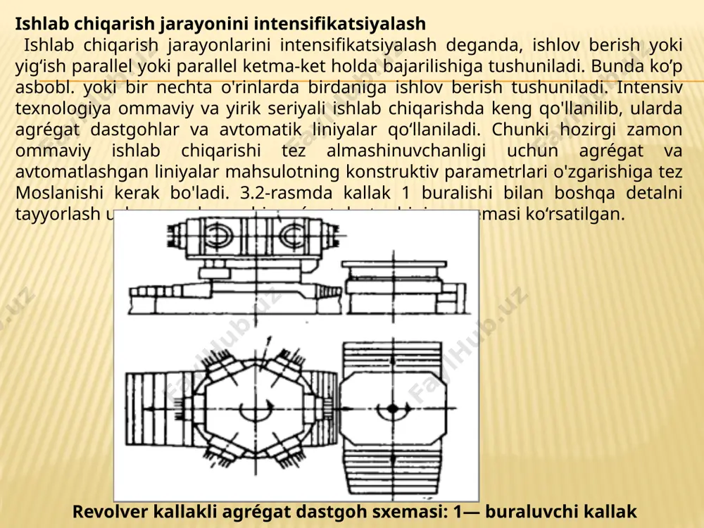 lanishi dastgohlarning turib qolishini minimal darajada bo‘lishini ta’minlaydi. bu holatda boiim da texnologik bir jinsli operatsiyalari bir yoki bir nechta mahsulotning turli detallariga ishlov berish uchun bajariladi. yig‘uv sexi yoki yig‘uv bo'limi asosiy jihozlarini tanlashda yillik ishlab chiqarish xarajatlarining eng kam bo'lishligiga erishish kerak. asosiy yig'ish jihozlariga yig‘ish texnologik jarayonini bajaruvchi jihozlar kiradi: yig'ish stendlari, yig'ish uchun verstaklar, yig'ish stoli, qo'shimcha ishlov berish yoki yig'ish uchun metall kesish dastgohiga sovituvchi va qizdiruvchi qurilmalar, yuvish mashinalari, sinash va nazorat qilish stendlari. yig'ish konveyerlari, avtomatlashgan yig'ish qurilmalari va liniyalari. ommaviy va yirik seriyali ishlab chiqarishda yig'ish avtomatlashgan va avtomatlashtirilgan yig'uvchi qurilma va liniyalarni, yig'uvchi konveyerlarni qo'ilab yig'ish ishlarini bajariladi va alohida o'rinlarlda yig'ish texnologik o'tishlarini mexanizatsiyalash va avtomatlashtirish olib boriladi. nazorat savollari ishlab chiqarish turlarini sanab o'ting va ularga tavsifnoma bering. mexanika-yig'uv sexlari texnologik jihozlariga qo'yilgan talablarni keltiring. jihozlar tarkibini tanlashdagi asosiy kriteriyani ayting. micht tarkibi qanday? michtlarning samarali ishlashining sabablarini ko'rsating …