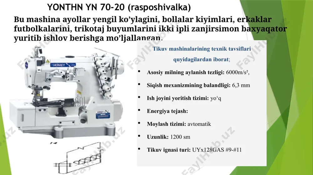 rga ishlov berish va boshqa murakkab operatsiyalarni dasturli avtomatlarlarda tikish har tomonlama samarali hisoblanadi. bunda ko’plab trend bo’lgan tikuv mashina ishlab chiqaruvchi firmalarning mahsulotlarini ko’rishimiz mumkin. bular aqshning newtech, germaniyani “tekstima”, “pfaff”, “shtrobel”, “durkop”, “adler”, “zinger” firmalari, yaponiyani brother, juita, juki, janome, xitoyning jack, joyee, zoje va boshqa ko’plab mashinalarni ko’rishimiz mumkin. bu firmaning tikuv mashinalari sanoatda ishlatishgan mo’ljallangan bo’lib, ularning texnik xususiyatlarini ko’rib chiqildi. hozirda zamon talabiga mos universal mashinalar ham 3500/min, 5000/min oborot bilan ishlashadi led lampalar bilan jihozlangan. ish jarayonidagi shovqini kamaytirilgan ko’rinishda namoyish qilinmoqda. 5 30m. durkop adler koorporatsiyasi 971-01 seriya avtomatik stansiya. 6 1 -stansiya - materiallarni uzatish: stolda manjetlar qisqichlarga mos qilib standart joylashtirish operatori.tuzatish uchun oraliq ko'tarish pedalni bosish orqali boshqariladi 7 2 -stansiya - harakatlanuvchi qismlar: tikuvchilik bosh aniq qisqich konturi bo'ylab materialni tikiladi. operator avtomatlarni bir vaqtda boshqarish uchun joylashuv sxemasi 8 “durkopp adler” korporatsiyasi 971-01 seriyadagi avtomat stansiyasi manjet, klapan, …