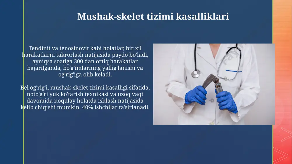 ish xavfi 5-10 barobar yuqori bo'lishi mumkin, bu esa asbest ta'sirini bartaraf etishni muhim ahamiyatga ega ekanligini ko'rsatadi. oldini olish choralari vibratsiyani kamaytirish uchun 5-10 hz chastotali vibratsiya o'tkazmaydigan qo'lqoplar va uskunalar ishlatilishi kerak, shuningdek, ish vaqti 1-2 soatdan oshmasligi lozim. ishchilarni 100% himoya qilish uchun nafas olish yo'llarini chang va kimyoviy moddalardan saqlaydigan p2 yoki p3 filtrlari bilan ta'minlangan respiratorlar bilan ta'minlash zarur. teri kasalliklari (dermatit) surunkali ta'sirlanishlar natijasida kelib chiqadigan allergik kontakt dermatit 4-6 hafta ichida namoyon bo'lishi mumkin, immunitet tizimi allergenga sensibilizatsiya qilinganida rivojlanadi. dermatit, ayniqsa kontakt dermatit, zararkunanda moddalar, moylar va metall qipiklari ta'sirida terining yallig'lanishi bilan tavsiflanadi, ishchilarning 20-30 foizida kuzatiladi. e'tiboringiz uchun rahmat @taqdimot_robot image5.jpg image6.jpg image7.jpg image8.jpg image9.jpg image10.jpg image11.jpg image12.jpg image13.jpg image14.jpg image15.jpg image16.jpg image1.png image2.png