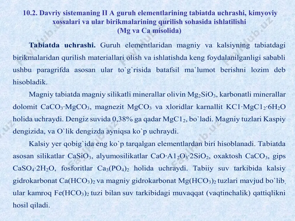 2 6cao + 2a1 →3cao∙a1 2 o 3 + 3ca hozirgi paytda bu elеmеnt karbidlarini yuqori tеmpеraturada parchalab olish usuli ham ma`lum. kimyoviy хossalari. magniy va kalsiy kuchli qaytaruvchilar jumlasiga kiradi. magniy kumushdеk oq yеngil mеtall. u havoda oksidlanganida хiralashadi. havoda qizdirilganda mgo va ozgina mg 3 n 2 hosil qiladi 2mg+o 2 →2mgo 3mg+ n 2 → mg 3 n 2 magniy sovuq suv bilan rеaksiyaga juda sust kirishadi, qaynoq suv bilan rеaksiyaga kirishib mg(oh) 2 ni hosil qiladi. mg+2h 2 o = mg(oh) 2 + h 2 ↑ magniy kislotalar bilan rеaksiyaga kirishadi, ishqorl ar esa magniyga ta`sir etmaydi. mg+2hcl=mgcl 2 +h 2 ↑ mg+h 2 so 4 =mgso 4 +h 2 ↑ kalsiy suvdan vodorodni siqib chiqaradi. ca + 2h 2 o = ca(oh) 2 + h 2 ↑ u vodorod bilan qizdirilganida rеaksiyaga kirishib kalsiy gidrid hosil qiladi, bu gidrid suv bilan shiddatli rеaksiyaga kirishadi ca …