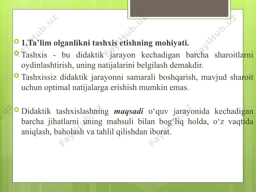 zimi tushuniladi. tarbiyaning maqsadi - har tomonlama barkamol shaxsni shakllantirish. 2.tarbiya jarayoni o‘ziga xos xususiyatlarga ega: maqsadga yo‘naltirilganligi; ko‘p qirrali jarayon; uzoq muddat davom etishi; uzluksizligi; yaxlitligi; variativligi; natijalarning oldindan aniqlanmasligi; ikki tomonlamalilik; tarbiya jarayoni quyidagi tamoyillar asosida boshqariladi: maqsadga qaratilganligi va g‘oyaviy yo‘nalganligi; tarbiyaning insonparvarlashuvi; tarbiyaning hayot, mehnat bilan bog‘liqligi; tarbiyaga yaxlit(kompleks) yondashuv; jamoada tarbiyalash va jamoaga suyanib ish ko‘rish; shaxsga talabchanlik bilan hurmatni birga qo‘shib olib borish; o‘qituvchilar, jamoat tashkilotlari va oilaning talab hamda tarbiyaviy ta’sirlarining birligi; tarbiyalanuvchining yosh va individual xususiyatlarini hisobga olish; tarbiya j arayonining tizimligigi va uzluksizligi. jamoa tarbiya ob’yekti va sub’yekti sifatida jamoa (lotincha «kollektivus» so‘zining tarjimasi bo‘lib, yig‘ilma, omma, birgalikdagi majlis, birlashma, guruh) bir necha a’zo (kishi)lardan iborat bo‘lib, ijtimoiy ahamiyatga ega umumiy maqsad asosida tashkil topgan guruh demakdir. o‘quvchilar jamoasi - bu ijtimoiy ahamiyatga ega yagona maqsadni ko‘zda tutuvchi, birgalikdagi faoliyatni tashkil etuvchi, umumiy saylab qo‘yilgan organiga ega bo‘lgan, mustahkamlik, umumiy javobgarlik …