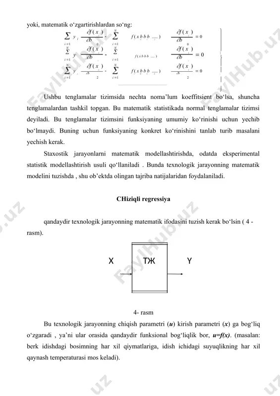 tlari o‘rtasidagi farqlar kvadratlarini yig‘indisi minimumga intilishi kerak. ob’ektning chiqish parametri-ni (u) kirish parametridan (x) bog‘liqligini aniqlash uchun tajriba o‘tkaziladi. bu tajriba natijalari u va x koordinata tizimiga joylashtiriladi (4.1- rasm). x parametrini o‘zgarish intervali x bulaklarga bo‘lib chiqiladi. xar bir intervalga tushgan nuqtalarni shu interval o‘rtasiga moslab, shu inervalga tushgan nuqtalarni shu interval o‘rtasiga moslab, shu intervalga to‘g‘ri kelgan ularning o‘rtacha qiymatlari uj hisoblanadi n uj =  x ji / nj , i 1 bu erda n - ushbu intervaldagi tajriba nuqtalari. y 4.1- rasm. regressiya egri chizig'i. (4-4) x so‘ngra, bu o‘rtacha qiymat nuqtalarini o‘zaro birlashtirib, regressiyaning empirik egri chizig‘ini (4.1- rasm) ko‘ramiz. bu chiziq ko‘rinishiga qarab, regressiya tenglamasini tanlab olishimiz mumkin u = f (x) . regressiya tenglamasi parametrlarini aniqlash o‘zgaruvchilari ko‘p bo‘lgan funksiyaning minimumini aniqlashga borib taqaladi. agar u = f (x; b0; b1; b2; …) fuksiyadan xosila olish mumkin bo‘lsa, b0, b1, b2, …,bj …