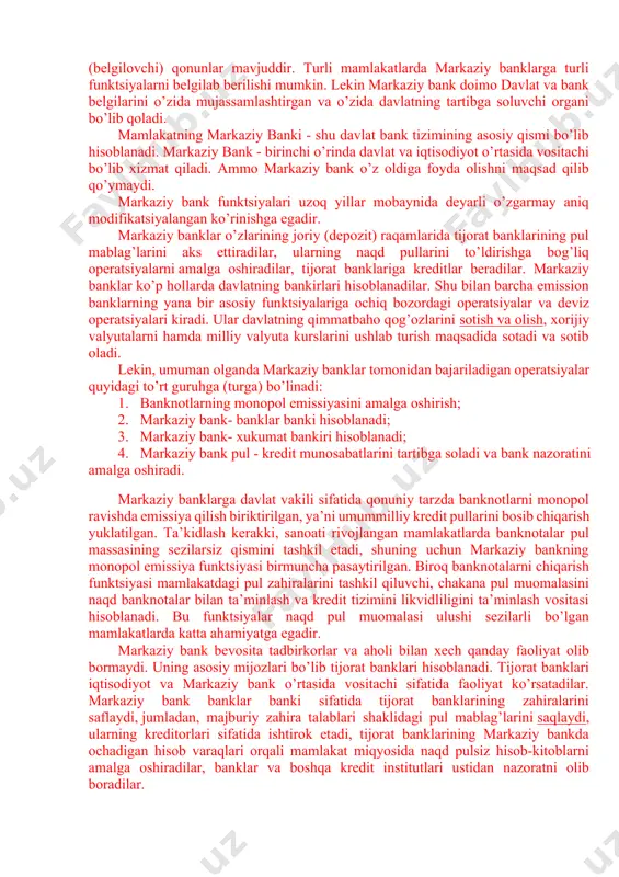 markazlashuvi va jamg’arilishi bilan bevosita bog’liqdir. bunday harakat natijasida o’zaro yaqin va o’xshash bo’lmagan kredit tashkilotlarini yo’qolib ketishi yoki qo’shilishi jarayoni amalga oshirilishi mumkin. shu bilan birga banklarning universallashuvi makroiqtisodiy omillariga bog’liqdir. ammo bu faoliyat uzoq muddatni o’z ichiga oladi. hozirgi kunda farqlarning yo’qolishi va banklar tomonidan funktsional va yuridik xususiyatlarni bekor bo’lishi asosan yirik tijorat banklarida sezilarli amalga oshmokda. shuni qayd qilish lozimki, yirik banklarning universallashuvi va global yo’nalishlarining olib borilishi kichik banklarning, maxsus kredit tashkilotlariga ya’ni ma’lum turdagi operatsiyalarga moslashgan tashkilotlarga aylanishiga sabab bo’lmoqda. bu esa ko’pgina mamlakatlarda faoliyot ko’rsatayotgan ko’p bosqichli bank tizimiga hos xususiyatdir. bugungi kunda banklarning ko’p pog’onali bo’lishi ularning tashkiliy tuzilishiga bog’liq. ammo, rivojlangan mamlakatlarga bir yoki ikki pog’onali bank tizimi xosdir. bir pog’onali bank tizimi varianti mamlakatda yagona markaziy bank hali mavjud bo’lmasa yoki bitta markaziy bankdan iborat bo’lsagina real (haqiqatda) mavjud bo’lishi mumkin. ammo tsivilizatsiya darajasidagi bozor iqtisodiyoti sharoitiga ikki pog’onali bank …