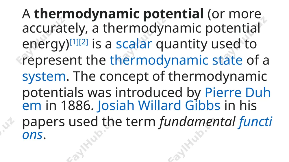 ume. the concept was developed by the german scientist hermann von helmholtz. this term can be given in the below equation. equation a = u – ts where, a is the helmholtz free energy, u is the internal energy, t is the absolute temperature, s is the final entropy of the system. the chemical potential of a species in a mixture is defined as the rate of change of free energy of a thermodynamic system with respect to the change in the number of atoms or molecules of the species that are added to the system.