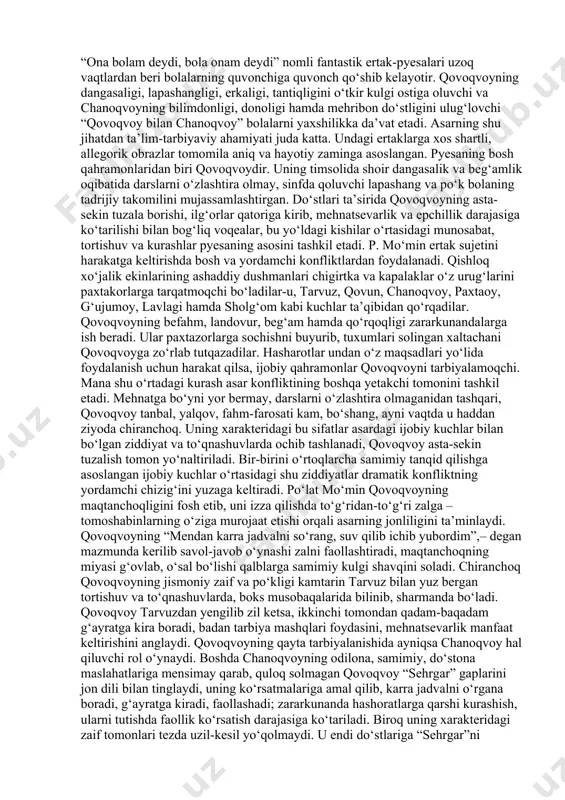 sh (“bir jahon bolalarmiz”); har bir shodiyona, bayramlarni zo‘r tayyorgarlik bilan kutib olish, chevarlik kasbini bolalikdan bilib borish (“ko‘ylagim”) mavzulariga bag‘ishlab shoir o‘nlab qo‘shiqlar yaratganki, bunday qo‘shiqlar hamon bolalar tilidan tushmay keladi. p. mo‘minning “o‘ktam avlod” qoshig‘i 5 hijoli misralardan tashkil topgan. unda barkamol avlod siymosi chizib berilgan: sog‘lom, barkamol avlod bo‘lsalar, ilm-u hunarda kuchga to‘lsalar. vatanga ular har doim kerak, sheryurak, asl farzandlar kerak. qo‘shiqning mazmunida vatanparvarlik hissi ustuvor. uning ritmik jarangdorligini yuzaga keltirgan “b”, “l”, “m”, “k” “r” kabi tovushlar takrori – alliteratsiya ritmik ohang hosil qila olgan. har misraning o‘zi turoqlanib kelish bilan birga, mavzuning lirik ifodasi o‘quvchiga ta’sirliroq aks etgan. bolalar bo‘lsa, topqir bo‘lsalar. chaqqon-u epchil, chopqir bo‘lsalar. ko‘zlari o‘tkir merganlar kerak mardona ko‘krak kerganlar kerak. shoirning “oftob ham yaxshi, odob ham yaxshi ” she’rida ham“o”, “u”, “o‘”unlilari, “d”, “t”, “b”“z”, “s” “f” undosh tovushlari alliteratsiyasini kuzatish mumkin. ayniqsa, “odob-oftob”, “lolalar-bolalar”, “odam-olam” tarzida to‘liq qofiyalangan jumlalar …