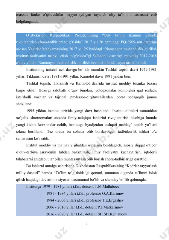uchun kadrlar-maxsus fanlar o’qituvchilari tayyorlaydigan tayanch oliy ta’lim muassasasi etib belgilangandi. o’zbekiston respublikasi prezidentining “oliy ta’lim tizimini yanada rivojlantirish chora-tadbirlari to’g’risida” 2017 yil 20 apreldagi pq-2909-son qaroriga asosan vazirlar mahkamasining 2017 yil 25 iyuldagi “namangan muhandislik-qurilish instituti faoliyatini tashkil etish to’g’risida”gi 540-sonli qaroriga muvofiq 2017-2018 o’quv yilidan namangan muhandislik-qurilish instituti sifatida qayta tashkil etildi. institutning tarixini uch davrga bo’lish mumkin tashkil topish davri 1979-1981 yillar, tiklanish davri 1981-1991 yillar, kamolot davri 1991 yildan beri. tashkil topish, tiklanish va kamolot davrida institut moddiy texnika bazasi barpo etildi. hozirgi salobatli o’quv binolari, yotoqxonalar kompleksi qad rosladi, iste’dodli yoshlar va tajribali professor-o’qituvchilardan iborat pedagogik jamoa shakllandi. 1995 yildan institut tarixida yangi davr boshlandi. institut olimlari tomonidan xo’jalik shartnomalari asosida ilmiy-tadqiqot ishlarini rivojlantirish hisobiga hamda yangi kichik korxonalar ochib, institutga byudjetdan tashqari mablag’ topish yo’llari izlana boshlandi. tez orada bu sohada olib borilayotgan tadbirkorlik ishlari o’z samarasini ko’rsatdi. institut moddiy va ma’naviy jihatdan o’nglana …