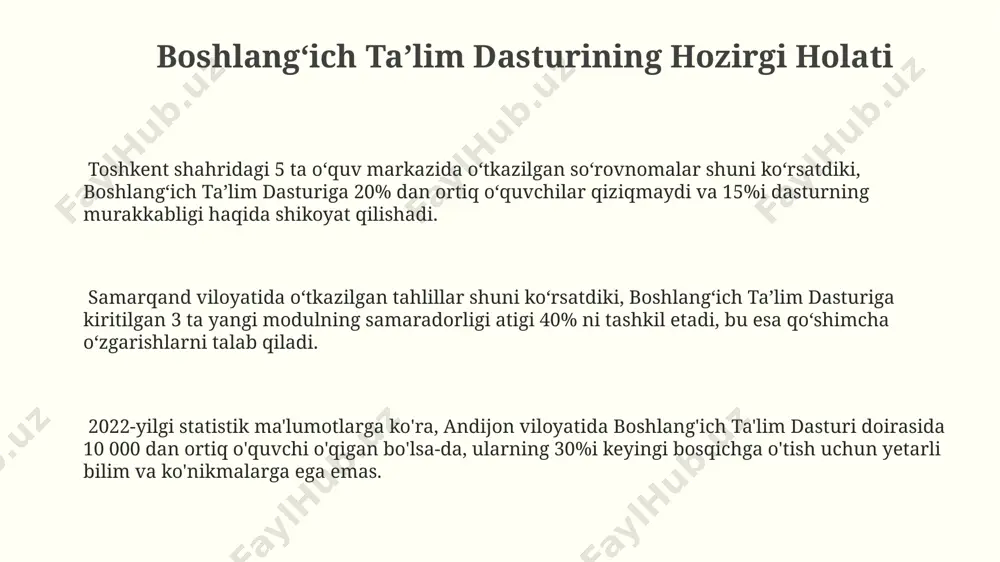 htirokchi orasida oʻtkazilgan soʻrovnoma natijalari, dasturning samaradorligini baholashda 3 ta asosiy mezonni aniqladi: bilimlarni egallash, amaliy koʻnikmalar va motivatsiya. samarqand viloyatida 2022-yilda oʻtkazilgan trening dasturi natijalariga koʻra, 75% ishtirokchilarning dasturning birinchi bosqichini muvaffaqiyatli yakunlaganligi aniqlangan. baholash va monitoring tizimi baholash va monitoring tizimi samarqand viloyatida 2023-yilda 150 dan ortiq xodimni qamrab olgan holda, ish samaradorligini 10% ga oshirishga yordam berdi. tizim, 5 ta asosiy ko'rsatkichni kuzatib, toshkent shahridagi 3 ta filial bo'yicha xodimlar malakasini baholash va takomillashtirishga yordam beradi. andijon viloyatida qo'llanilgan ushbu tizim, 7 kunlik o'quv kursi orqali 250 nafar ishtirokchining amaliy ko'nikmalarini 20% ga yaxshilashga erishdi. oʻqitish metodlari va texnologiyalari samarqand shahridagi 15 ta maktabda qoʻllanilgan yangi pedagogik texnologiyalar yordamida oʻquvchilarning 70% bilimlarini 2 barobar oshirganligini koʻrsatuvchi ma'lumotlar mavjud. “oʻqitish metodlari va texnologiyalari” kursi doirasida 2023-yilda toshkent shahrida oʻtkazilgan 50 nafar ishtirokchi bilan oʻtkazilgan tadqiqot shuni koʻrsatdiki, interaktiv oʻquv usullari an'anaviy usullarga nisbatan 30% ga koʻproq samarali boʻlgan. …