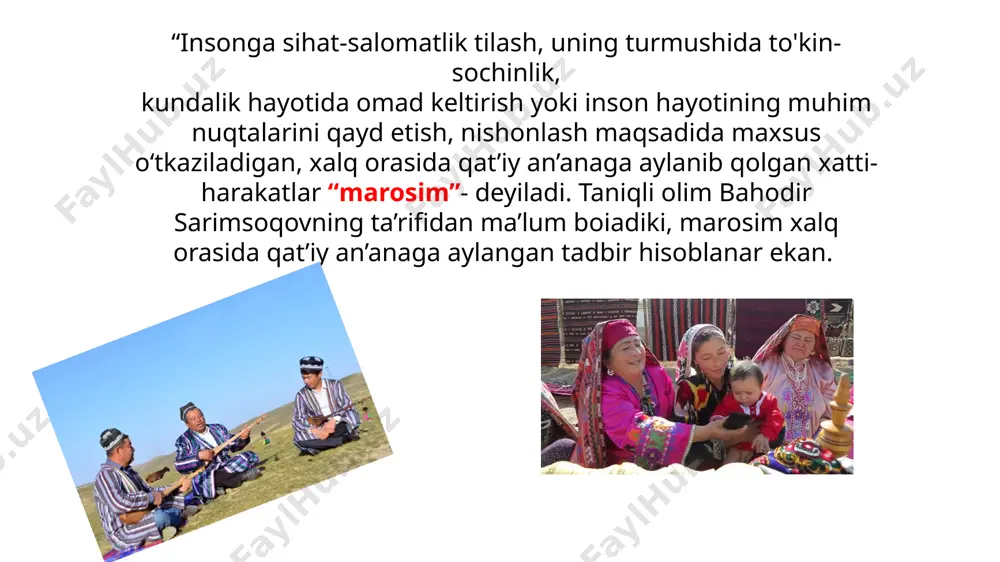 unnat, chupron, chukron, qo‘lini halollash kabi nomlar bilan atab kelingan. to‘y egasining qo‘li ochiqligi, ko‘pincha, shu to‘yda aniqlangan. ona taraf toy va kuyov tarafni sarpolar bilan siylagan. ota taraf yurtga osh bergan, qarindosh-urug‘ va tanishlarga dasturxon yozgan. chorva bilan shug‘ullanadigan hududlarda, albatta, ko‘pkari, uloq uyushtirilgan. qadimgi an’analarga ko‘ra, xorazmda “oltin qovoq”, andijon, farg‘onada “quloq cho‘zma”, toshkentda “bola mast”lar o'tkazilgan. masalan, toshkentdagi odatga ko‘ra to‘y bolaga zarar qilmaydigan turli ichimliklar berilib mast holatga keltirishgan. shundan so‘ng bola tog‘asi, amakisi yoki qo‘shni yigitlardan birining yelkasiga opichilgan . xalq marosimlari qatoridagi motamlar eng qadimiylaridan hisoblanadi. yaratilganiga qariyb 3000 yil bo‘lgan “avesto”da ham vafot etgan odamni dafn qilish bo‘yicha ma’lumotlar bor. mahmud koshg‘ariyning “devonu lug‘oti-t-turk” asarida esa motam marosimida aytiladigan qo‘shiq-marsiyalardan misollar keltirilgan. o‘zbek motam marosimlari juda ko‘p turli hajmda o‘tkaziladigan yig‘inlardan iborat. uch, yetti, yigirma, qirq kunliklar; qor yog‘di, gul, shir oshi, qovoq kabi movliyatlar shular jumlasidandir. marsiyalarda hayotdan ko‘z yumgan odamning hayotligidagi …