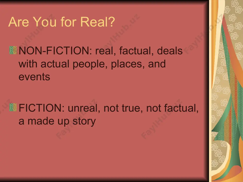gic wizards invented languages quests mystery form of fiction (not true) story revolves around a puzzle/problem characters deal with the solution to a puzzle/problem, such as finding a missing item/person unraveling a secret rationalize an event that is not explained contains clues/hints that help the characters and readers solve the puzzle/problem folktales form of fiction (not true) story that teaches a lesson contain the beliefs and customs of a region or country original story is modified to make it more interesting or more humorous present larger-than-life characters and very unusual happenings fables form of fiction (not true) type of folktale ends in a moral or lesson characters are animals that talk and act like humans a character usually represents a single human characteristic, such as a fox being symbolic of a trickster legend form of fiction (not true) stories written about a real life hero and his/her mighty deeds mix …