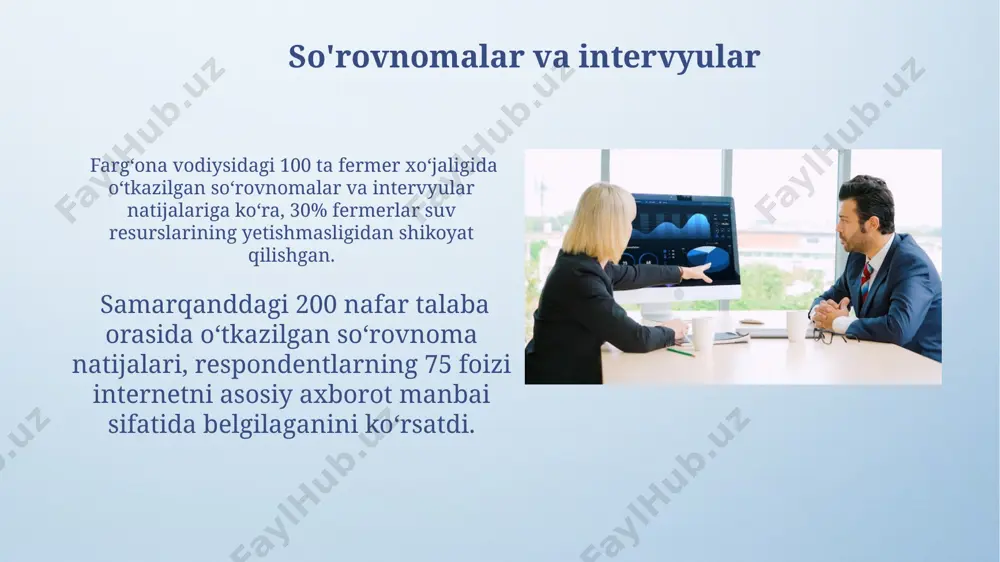 сатди, бу эса маълумотларнинг ишончлилигини тасдиқлайди. kuzatuvlar va eksperimentlar kuzatuvlar natijalari 2023-yilda toshkent shahrida o‘tkazilgan 1000 nafar respondent ishtirokida o‘tkazilgan so‘rovnoma orqali olingan bo‘lib, ularning 60% ijobiy javob bergan. 20 ta maktab o‘quvchilariga o‘tkazilgan eksperiment natijasida, o‘quv jarayonida interfaol usullardan foydalanish 30% ga o‘quvchi faolligini oshirganligi kuzatildi. hujjatlar va arxiv ma'lumotlari toshkent shahridagi markaziy davlat arxivida saqlanayotgan, 19-asr oxiri - 20-asr boshlariga oid 300 dan ortiq savdo hujjati, o'zbekistonning ichki va tashqi savdo aloqalarini o'rganishga imkon beradi. 1990-yillardan boshlab samarqanddagi arxivlarda saqlangan hujjatlar, 500 dan ortiq tarixiy manbalarni o'z ichiga olgan holda, mintaqadagi demografik o'zgarishlarni tahlil qilish uchun muhim ma'lumotlar manbai hisoblanadi. elektron ma'lumotlar bazalari samarqand shahridagi tarixiy yodgorliklar to'g'risidagi 3000 dan ortiq rasm va matnli ma'lumotlarni o'z ichiga olgan elektron ma'lumotlar bazasi tufayli, turizm sohasida samarali rejalashtirish va targ'ibot ishlarini amalga oshirish mumkin. o'zbekiston bo'yicha 10 mingdan ziyod elektron kutubxona bazalarida 200,000 dan ortiq kitoblarning metama'lumotlari (muallif, janr, nashr …