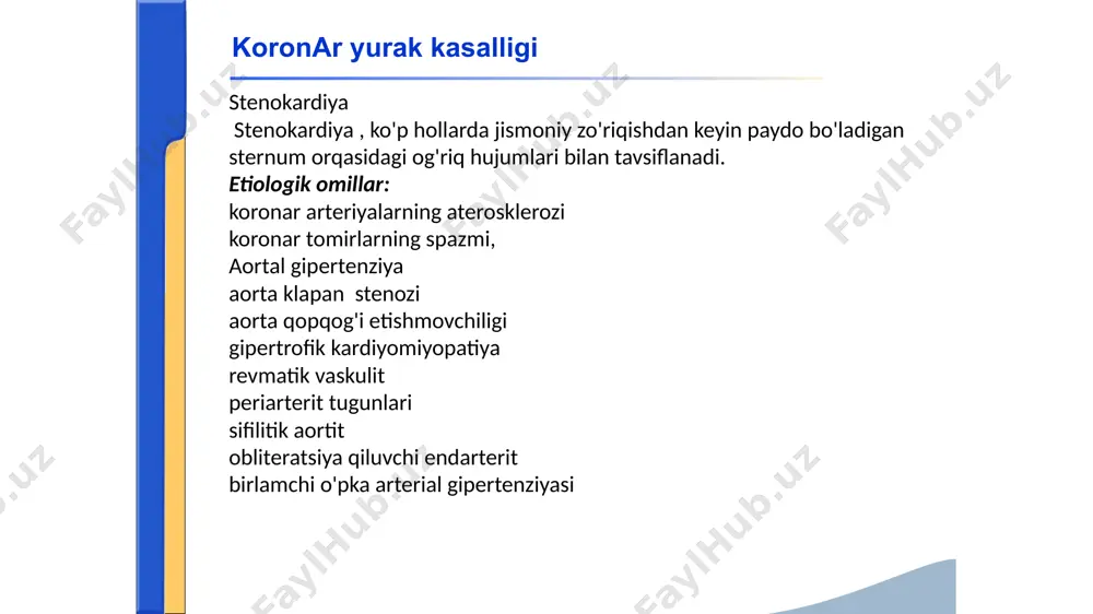 asi va kollaterallarning zaif rivojlanishi bilan transmural mi hosil bo'ladi (q tishli yurak infarkt). koronar qon oqimini qisman cheklaydigan parietal tromb va / yoki rivojlangan kollaterallar tarmog'i mavjud bo'lganda, transmural bo'lmagan mi rivojlanadi (q tishsiz yurak infarkt i). miokard infarkti simptomatologiyasi u bilan yurak mushaklaridagi morfologik o'zgarishlar aseptik ishemik nekrozning rivojlanishi bilan bog'liq bo'lib, uning rivojlanishida bir necha bosqichlarni boshdan kechiradi: ishemik (o'tkir davr) - miokard nekrozi paydo bo'lishidan oldin koronar tomir okklyuziyasidan keyingi dastlabki bir necha soat. o'tkir davr-dastlabki 3-5 kun miyokardda periferik yallig'lanish reaktsiyasi bilan nekrobioz jarayonlari ustunlik qiladigan kasalliklar. subakut davr-o'rtacha 5-6 haftagacha davom etadi kasalliklar, bu vaqtda nekroz zonasida bo'shashgan biriktiruvchi to'qima hosil bo'ladi. chandiq davri-5-6 oydan keyin tugaydi kasallik boshlanganidan boshlab to'liq biriktiruvchi to'qima chandig'ini shakllantirish. miokard infarkti simptomatologiyasi klinik ko'rinish variantlari oddiy shakl atipik shakllar: qorin ormasi astmatik shakl aritmik shakl kumush-qon tomir shakli og'riqsiz shakl miokard infarkti simptomatologiyasi klinik boshlanish variantlari: boshlashning og'riqli …