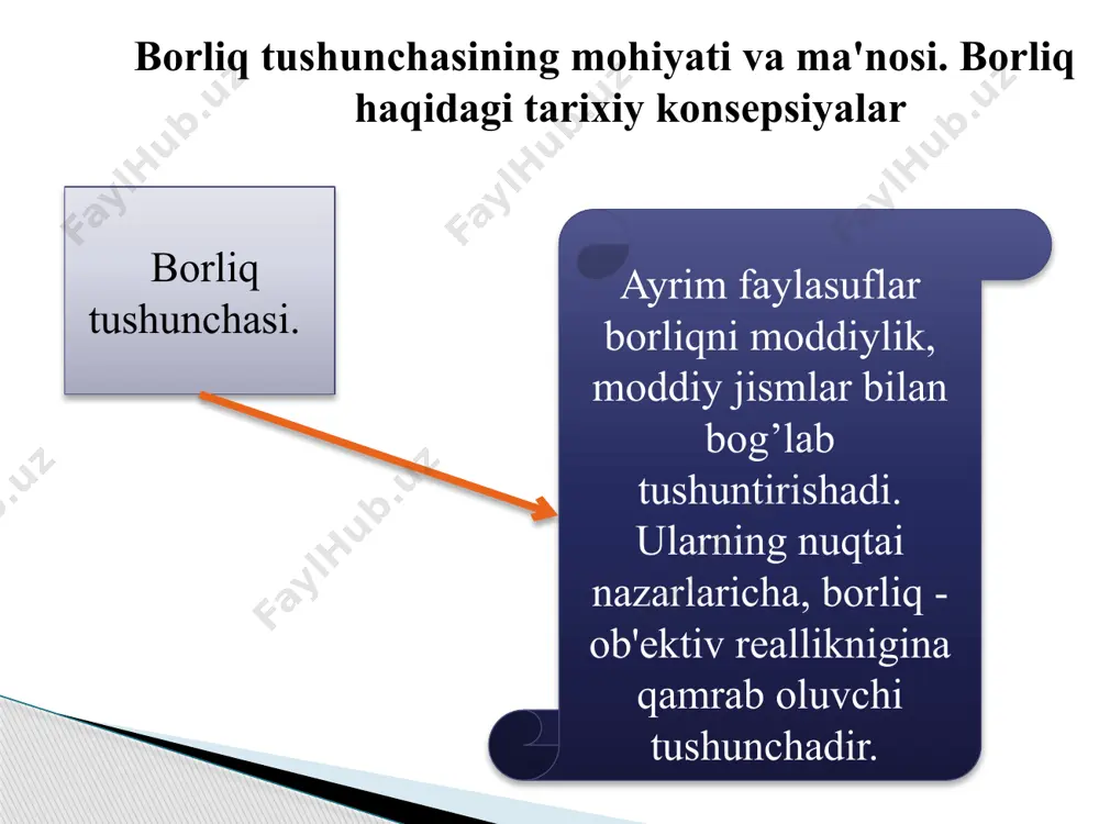 unosabatlarni ham qamrab oluvchi umumiy falsafiy tushunchadir. borliqning moddiy shakliga xos umumiylikni axtarishning uch yo’nalishi mavjud. birinchi yo'nalishi moddiy olamning asosida yotuvchi umumiy mohiyatni axtarish yo'li bo'lib, yuqorida qayd etganimizdek, substansiyani aniqlash yo'lidir. ikkinchi yo'l esa — moddiy olamning asosiy tarkibiga kiruvchi «qurilish elementlarini»- substratni axtarish yo'li. uchinchi yo'l — hamma narsaning vujudga keltiruvchi bosh sababchisini, ota moddani, ya'ni pramateriyani axtarish yo'li. materiya tushunchasi, uning xususiyatlari va namoyon bo'lish shakllari haqida zamonaviy qarashlar materiya tushunchasi moddiy unsurga nisbatan ham, atomga nisbatan ham, pramateriyaga nisbatan ham umumiyroq bo'lgan tushunchadir. materiya olamdagi barcha moddiy ob'ektlarni, butun ob'ektiv reallikni ifoda etuvchi eng umumiy tushunchadir. faylasuflar barcha moddiy ob'ektlarga xos xususiyatlarni umumiy tarzda ifodalash uchun qo'llaydigan tushuncha materiya deb ataladi. xx asrning o'rtalariga kelib, kvant mexanikasi, nisbiylik nazariyasi va hozirgi zamon kosmologiyasi sohalaridagi ilmiy yutuqlar kishilarning ob'ektiv olam haqidagi tasavvurlarini tubdan o'zgartirib yubordi. natijada, tabiatshunos olimlar sezgilarimizga bevosita ta'sir etishining imkoni bo'lmaydigan realliklar haqida …