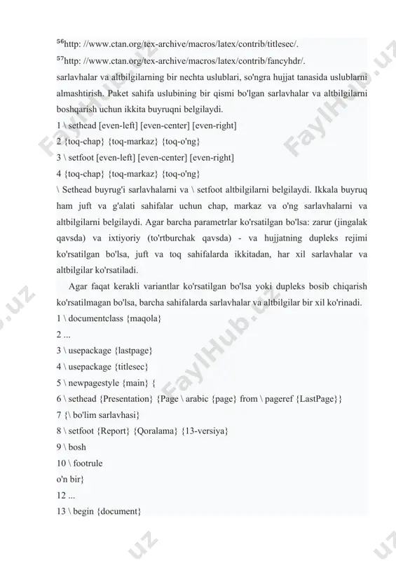 page}} 7 {\ bo'lim sarlavhasi} 8 \ setfoot {report} {qoralama} {13-versiya} 9 \ bosh 10 \ footrule o'n bir} 12 ... 13 \ begin {document} 14 \ pagestyle {main} o'n besh ... 3.shriftlar va kodlashlar donald knut kodlash va shriftlar uchun zamonaviy standartlarning aksariyati etishmayotgan bir paytda tex uchun shriftlarni ishlab chiqdi va ular bilan qanday ishlashni. u yaratgan computermodern shriftlar oilasi o'zining maqsadlari uchun bir qator afzalliklarga ega, bu esa 8 bitli kodlash yordamida ko'p tilli matnlarni terishga imkon beradi. ushbu oilaning matematik shriftlari hali ham noyobdir. shriftlar maxsus yozilgan dastur bilan ishlab chiqilgan. computermodern shriftlari dastlab vektor shaklida ishlab chiqilgan, ammo keyinchalik tex ishlaydigan kompyuterlarning kuchsizligi sababli shriftlar birinchi marta ishlatilganda kerakli o'lchamlarda rasterizatsiya qilingan. keyinchalik ular g'arbiy evropaning cork kodlashiga qadar kengaytirildi va bu shrift oilasi ec shriftlari (europeancomputermodernfonts) deb nomlandi. ularning asosida kirillcha kengaytirilgan computermodern - lh⁵⁸ shriftlari ishlab chiqildi. postscripttype 1 vektor shriftlarini keyinchalik qo'llab-quvvatlash …