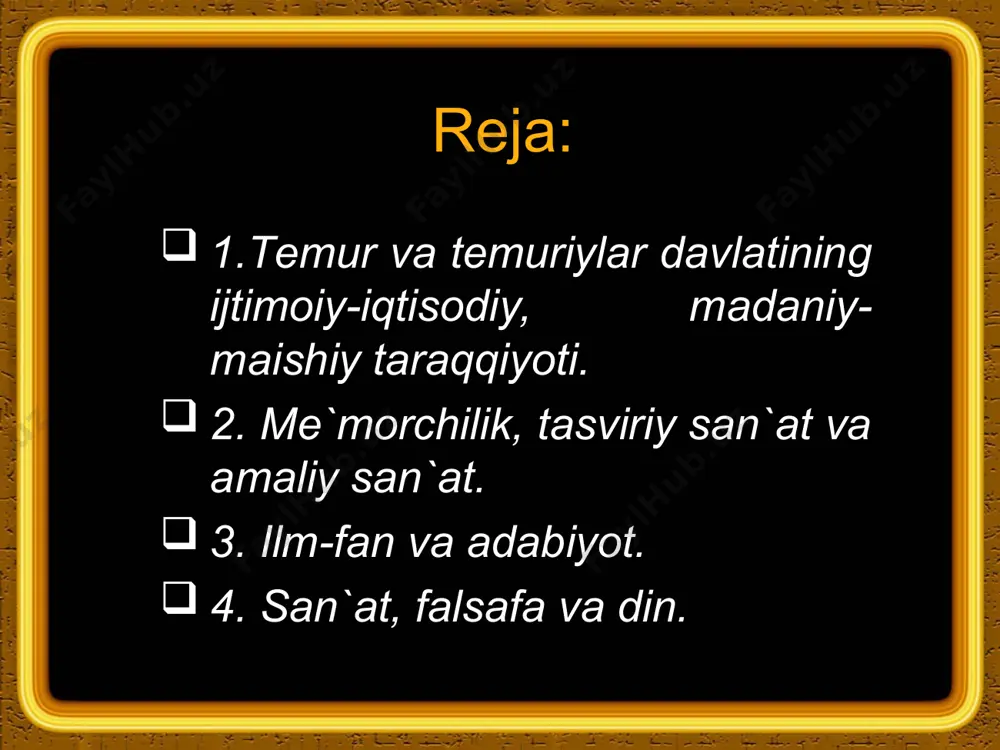 rzi, dini, ma`naviy va moddiy madaniyati jihatdan farqlanuvchi mamlakatlarning o`zaro aloqasini rivojlantirishga imkon yaratdi. karvon yo`llari savdo, diplomatik aloqalarning amaliy vazifasini, ayni vaqtda mamlakat va xalqlarning o`zaro iqtisodiy va madaniy ta`sirini mustahkamlashga xizmat qildi. qudratimizni ko`rmoq istasang- binolarimizga boq! o`rta osiyo zaminida temuriylar davri ilm-fan, adabiyot, san`at sohlarida kamolot bosqichiga ko`tarildi. тemuriylar davlatining qudrati ayniqsa me`morchilikda namoyon bo`ldi. oqsaroy peshtoqida bitilgan «qudratimizni ko`rmoq istasang- binolarimizga boq!» degan yozuv тemur davlatining siyosiy vazifasini ham anglatar edi. тemur davrida movarounnahr shaharlari qurilishida istehkomlar, shoh ko`chalar, me`moriy majmualar keng ko`lam kasb etadi. ilk o`rta asrlardagi shaharning asosiy qismi bo`lgan «shahriston»dan ko`lam va mazmuni bilan farq qiluvchi «hisor» qurilishini samarqand va shahrisabzda kuzatish mumkin. тemur davrida kesh shahar qurilishi yakunlandi. «hisor»ning janubi-g`arbida hukumat saroyi oqsaroy va atrofida rabotlar, bog`-rog`lar qurildi тemur saltanat poytaxti samarqandni bezatishga alohida e`tibor berdi. shaharda «hisori», qal`a, ulug`vor inshoatlar va tillakor saroylar bunyod ettirdi. samarqandga kiraverishdagi ko`hak tepaligida cho`pon ota …