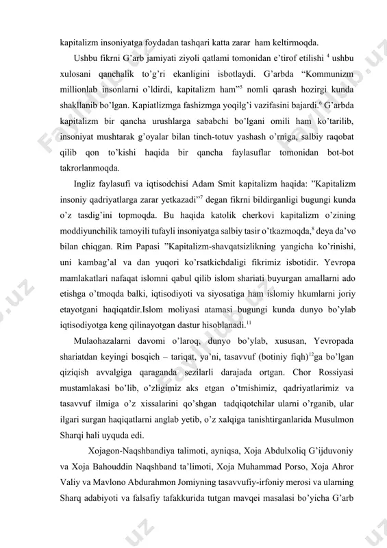 tariqat, ya’ni, tasavvuf (botiniy fiqh)12ga bo’lgan qiziqish avvalgiga qaraganda sezilarli darajada ortgan. chor rossiyasi mustamlakasi bo’lib, o’zligimiz aks etgan o’tmishimiz, qadriyatlarimiz va tasavvuf ilmiga o’z xissalarini qo’shgan tadqiqotchilar ularni o’rganib, ular ilgari surgan haqiqatlarni anglab yetib, o’z xalqiga tanishtirganlarida musulmon sharqi hali uyquda edi. xojagon-naqshbandiya talimoti, ayniqsa, xoja abdulxoliq g’ijduvoniy va xoja bahouddin naqshband ta’limoti, xoja muhammad porso, xoja ahror valiy va mavlono abdurahmon jomiyning tasavvufiy-irfoniy merosi va ularning sharq adabiyoti va falsafiy tafakkurida tutgan mavqei masalasi bo’yicha g’arb va sharqning taniqli sharqshunos, adabiyotshunos va faylasuf olimlari a.masse, 13 e.braun, 14 ye.e.bertels, 15 a.n.boldirev, 16 v.a.gordlevskiy 17 tomonidan, ibn al- arabiyning vahdat ul-vujud falsafasi, shuningdek, naqshbandiya ta’limoti bilan bog’liq bo’lgan tadqiqotlar doirasida bir qator faylasuf, sharqshunos va islomshunos olimlar tomonidan e’tiborga molik ishlar amalga oshirildi. jumladan, olmon sharqshunos va islomshunos olimasi a. shimmel, fransuz sharqshunos olimi ya. rishard, kanadalik islomshunos olim n.hir, amerikalik sharqshunos va islomshunos olim u.chittik, 18 ingliz …