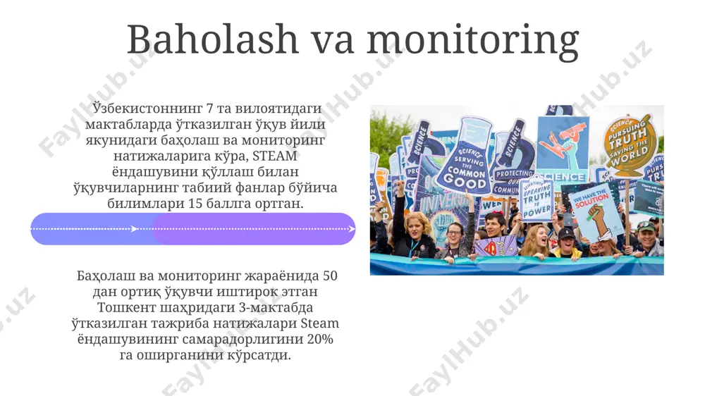 chasini shakllantirish imkonini beradi, an'anaviy ta'lim esa fanlarni alohida o'rganishga asoslangan. steam yondashuvidan foydalanishda o'qituvchining roli o'qituvchi, matematika, fizika va kimyo fanlarining 2-3 ta asosiy prinsipini steam loyihasiga birlashtirib, o'quvchilarning muammo hal qilish ko'nikmalarini samarqanddagi tarixiy obidalarni o'rganish orqali rivojlantirishi zarur. steam yondashuvidan foydalanishda o'qituvchi 5-11 yoshli o'quvchilar uchun 3d modellashtirish dasturlari, masalan, tinkercad yordamida amaliy loyihalarni, masalan, toshkentdagi tarixiy binolarni modellashtirishni tashkil qilishi kerak. o'quv materiallarini tanlash va ishlatish fizika fanidan 9-sinf uchun, andijon shahridagi fan-texnika muzeyidan olingan 10 ta tajriba asosida modellashtirish uslubini qo‘llab, elektron resurslar bilan birgalikda o‘quv materiallarini boyitish mumkin. steam yondashuvi doirasida 5-sinf o‘quvchilari uchun toshkent shahridagi "o‘zbekiston" muzeyi eksponatlaridan foydalanib, geologiya bo‘yicha amaliy mashg‘ulotlar o‘tkazish mumkin. e'tiboringiz uchun rahmat @taqdimot_robot image4.jpg image5.jpg image6.jpg image7.jpg image8.jpg image9.jpg image10.jpg image11.jpg image12.jpg image13.jpg image14.jpg image15.jpg image16.jpg image17.jpg image18.jpg image1.jpeg image2.jpeg image3.jpeg