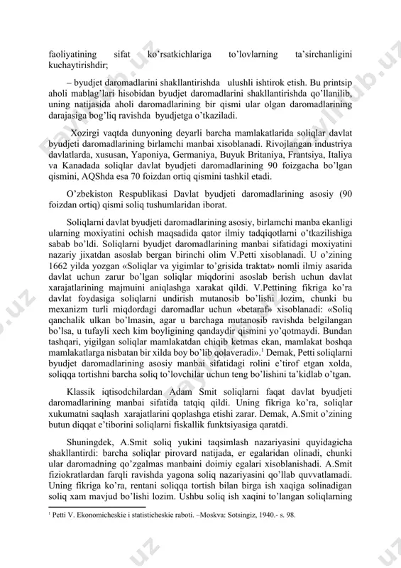r uchun korxonaning rejalashtirilgan ehtiyojidan ortgan summalarni byudjetga olish. bu printsip davlat byudjeti daromadlarini davlat korxonalarining mablag’lari hisobidan tashkil etishda qo’llanilishi mumkin. u davlat korxonalarining moliyaviy holatini tartibga soladi va bir vaqtning o’zida ijtimoiy ehtiyojlarni qondirishda davlatning manfaatlarini ta’minlaydi; – byudjet mexanizmining rag’batlantiruvchi ta’sirini ta’minlash. sub’ektlar ixtiyoridan mablag’larning byudjetga olinishi ularning samarali faoliyat ko’rsatishini rag’batlantirishi kerak. bu erda qo’yilgan vazifa faqatgina davlat byudjeti daromadlarini miqdoriy jihatdan ta’minlash emas, balki shu orqali korxonada faoliyat ko’rsatayotgan mehnat jamoalarining manfaatlariga, ular faoliyatining sifat ko’rsatkichlariga to’lovlarning ta’sirchanligini kuchaytirishdir; – byudjet daromadlarini shakllantirishda ulushli ishtirok etish. bu printsip aholi mablag’lari hisobidan byudjet daromadlarini shakllantirishda qo’llanilib, uning natijasida aholi daromadlarining bir qismi ular olgan daromadlarining darajasiga bog’liq ravishda byudjetga o’tkaziladi. xozirgi vaqtda dunyoning deyarli barcha mamlakatlarida soliqlar davlat byudjeti daromadlarining birlamchi manbai xisoblanadi. rivojlangan industriya davlatlarda, xususan, yaponiya, germaniya, buyuk britaniya, frantsiya, italiya va kanadada soliqlar davlat byudjeti daromadlarining 90 foizgacha bo’lgan qismini, aqshda esa 70 …