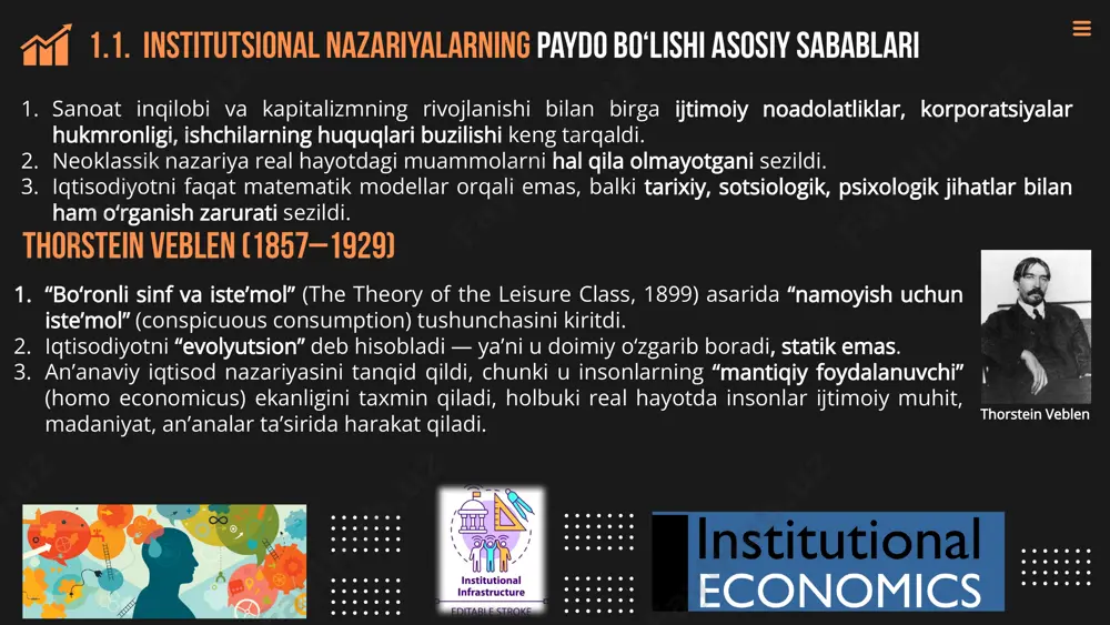 izm boyer, granovetter iqtisod — ijtimoiy aloqalar tarmog‘i sotsiologik, tizimli 1.2. institutsionalizm rivojlanishining asosiy yo‘nalishlari an’anaviy inson protestant ish yashash uchun ishlaydi ishlash uchun yashaydi kasb tashvish hayot kechirish shakli strategiya barqaror daromadni iloji boricha saqlab qolgan qolatda ish hajmimi kamaytirish hatto bu intensive mehnatni talab qilsa ham daromadni ko‘paytirish tijorat printsipi “aldamasan – sotolmaysan” “halolik eng yahshi kafolat an'anaviy va diniy insonning qiyosiy tavsifi xalqning turmush tarzi, uf-odatlari, diniy e’tiqodi. islohotlar tamoyillari o’zbekiston respublikasining konstitusiyasi o’zbekiston respublikasining qonunlari va boshqa normativ hujjatlar vazirlik va tashkilotlarning normativ bazasi kontraktlar (shartnomalar) tizimi o‘zbekiston respublikasi iqtisodiyotining institutsional tarkibi institutlar va iqtisodiy rivojlanish iqtisodiy o'sish va rivojlanishning chuqur sabablaridagi institutlarning roli -endogenlik – rodrikdan olingan, 2001) daromad savdo institutlar geografiya institutions and economic development suggested readings acemoglu, d., johnson, s., and robinson, j.a., (2001), “the colonial origins of comparative development: an empirical investigation”, american economic review, 91(5):1369-1401. glaeser, e.l., la porta, r., lopez-de-silanes, …