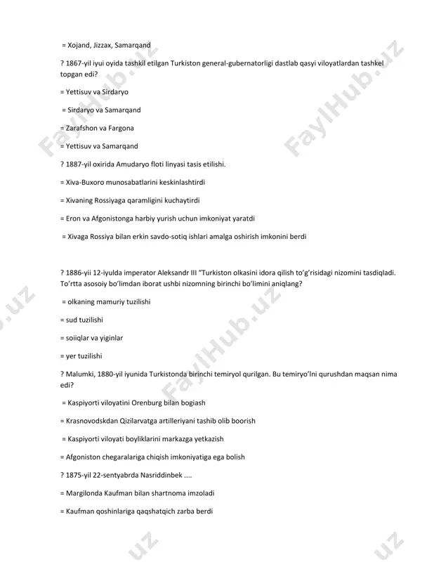 gining kolob bekligidagi qozgolon = toshkent uyezdida dastlabki galayonlarning boshlanishi va germaniyada sotsial-demokratik partiya tashkil etilishi = buenos-ayresda milliy bank ochilishi va andijonda dukchi eshon qozgoloni ? 1865-yilda sirdaryo va yangi qoqon chiziqlari orasida tuzilgan viloyat = sirdaryo = yettisuv = turkiston = fargona ? turkistonda birinchi temiryol qachon qurildi? = 1881-yil avgustda = 1880-yil iyunda = 1882-yil sentyabrda = 1883-yil oktyabrda ? turkiston general-gubernatorligining namangan bolinmasi kiim tomonidan tasisi etilgan? = skobeiev = kaufman = romanovskiy = krijanovskiy ? turkiston general-gubernatorligining namangan bolinmasi tuzilgan bir paytda andijon hokimiyati kimning qo’l ostida bo’lgan? = po’latbekning = abdurahmon oftobachining = murodbekning = nasriddinbekning ? 1865-yil 6-avgustda qabul qilingan «turkiston viloyatini idora qilish to’g’risidagi muaqqat nizomga ko’ra hokimyatni tashkil etuvchi tizim qanday nomda yuritiladigan bo’ldi? = «harbiy-polttsiya boshqaruvi» = «general-gubernatorning siyosiy-mamuriy boshqaruvi» = «milliy demokratik hukumat boshqaruvi» = «harbiy-xalq boshqaruvi ? qaysi yili fargona viloyatiga koplab rossiyaliklar kochirib keltirildi? = 1891-yilda = …