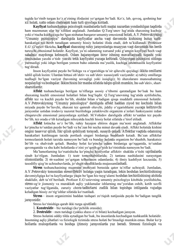 b, rohatlanish estetik hissiyot hisoblanadi. agar bu hissiyotlarning nerv-fiziologik asoslarini tahlil qiladigan bo‘lsak, quyidagilarni ko‘rishimiz mumkin. shunday qilib, hissiyot vegetativ nerv tizimi orqali boshqariladigan ichki a’zo faoliyati bilan bog‘liq bo‘lsa ham bari bir bosh miya po‘sti orqali idora qilinadi. chunki akademik i.v.pavlovning fikricha, odamning butun a’zoyi badanida bo‘ladigan har qanday hodisalarning hammasini bosh miya po‘sti qismidagi neyronlar idora qiladi. ana shu jihatdan olganda hissiyotning nerv- fiziologik asosi bosh miya po‘sti bilan bog‘liq. odam his-tuyg‘ulari bilan hayvon hissiyotlari o‘rtasida juda katta farq bo‘ladi. odamda juda ko‘p miqdorda his-tuyg‘ular borki, bunday hissiyotlar hayvonlarda uchramaydi. shuning uchun ham odam, ham hayvon uchun umumiy bo‘lgan g‘azablanish, qo‘rqish, jinsiy hissiyot, qiziquvchanlik, xursandchilik, g‘amginlik emotsiyalari hayvonlarda sifat jihatidan farq qiladi. shu o‘rinda s.shexterning emosional faktorlarning paydo bo‘lishi kognitiv-fiziologik konsepsiyasini keltirib o‘tish joiz. insoniy emotsiyalar "insoniylashtirilgan" ijtimoiy sharoit bilan bog‘liq holda namoyon bo‘ladi. emotsiyalarning "insoniylashuvi" shunday namoyon bo‘ladiki, ichdan kechadigan hissiyotlar mazmuni, juda boy va murakkabdir. odamlar …