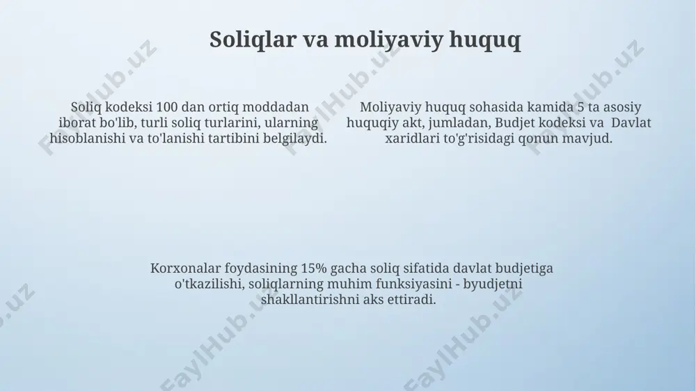 sh imkonini beradi. moliyana mohiyati korxona faoliyatining samaradorligini oshirishga qaratilgan bo'lib, bu 5 bosqichdan iborat jarayon orqali amalga oshiriladi, har bir bosqich o'ziga xos ko'rsatkichlar va tahlillar bilan baholanadi. "moliyana mohiyati" tushunchasi biznes-rejalarni tuzishda muhim ahamiyatga ega bo'lib, u 3 yillik istiqbolni o'z ichiga olgan strategik rejalashtirishni ta'minlaydi va investitsiyalarni samarali boshqarishga yordam beradi. e'tiboringiz uchun rahmat @taqdimot_robot image4.png image3.jpeg