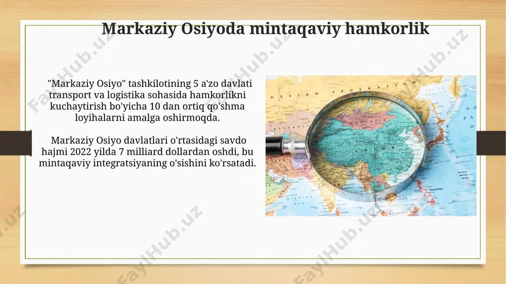 y osiyo mamlakatlarida yaimning o'rtacha yillik o'sish sur'ati so'nggi 10 yilda 5-7% ni tashkil etdi, ammo bu ko'rsatkich mintaqalarda notekis taqsimlanadi. aholi zichligi past bo'lgan hududlarda, ayniqsa, qishloq joylarda, qashshoqlik darajasi 20% dan yuqori, bu ijtimoiy-iqtisodiy taraqqiyotni sekinlashtiruvchi omil hisoblanadi. xitoyning markaziy osiyodagi taʼsiri “бир макон, бир йўл” ташаббуси доирасида хитой марказий осиёга йиллик 50 миллиард доллардан ортиқ инвестиция киритмоқда, бу минтақанинг ривожланишига катта ҳисса қўшмоқда. хитой марказий осиёдаги 150 дан ортиқ лойиҳани, жумладан, йирик инфратузилмавий лойиҳаларни, жами қиймати 100 миллиард доллардан ортиқ маблағ билан молиялаштирмоқда. iqtisodiy hamkorlik va investitsiyalar xitoyning “bir kamar, bir yo’l” tashabbusi doirasida markaziy osiyoga yo’naltirilgan investitsiyalar hajmi 2013 yildan buyon 150 milliard dollardan oshdi, bu mintaqadagi yirik infrastruktura loyihalarini amalga oshirishga yordam berdi. markaziy osiyo davlatlariga xorijiy investitsiyalar oqimi 2022 yilda taxminan 10 milliard dollarni tashkil etdi, bu esa mintaqaning iqtisodiy rivojlanishi uchun muhim ahamiyatga ega. aqshning markaziy osiyodagi siyosati aqshning mintaqadagi harbiy mavjudligi, afg‘onistondagi …