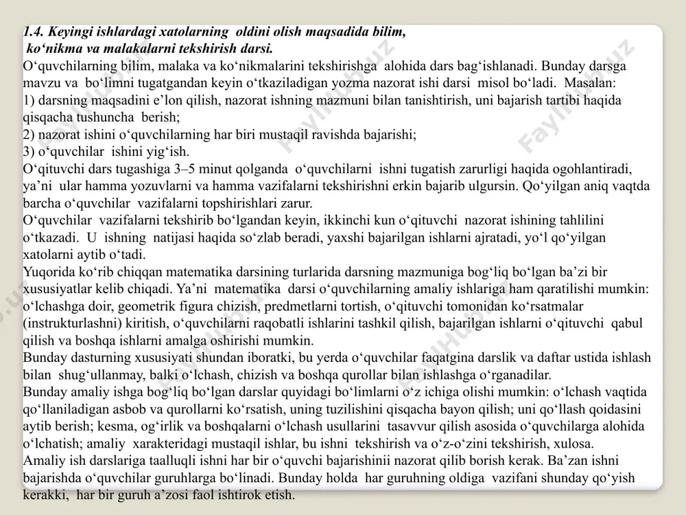 rslar quyidagi bo‘limlarni o‘z ichiga olishi mumkin: o‘lchash vaqtida qo‘llaniladigan asbob va qurollarni ko‘rsatish, uning tuzilishini qisqacha bayon qilish; uni qo‘llash qoidasini aytib berish; kesma, og‘irlik va boshqalarni o‘lchash usullarini tasavvur qilish asosida o‘quvchilarga alohida o‘lchatish; amaliy xarakteridagi mustaqil ishlar, bu ishni tekshirish va o‘z-o‘zini tekshirish, xulosa. amaliy ish darslariga taalluqli ishni har bir o‘quvchi bajarishinii nazorat qilib borish kerak. ba’zan ishni bajarishda o‘quvchilar guruhlarga bo‘linadi. bunday holda har guruhning oldiga vazifani shunday qo‘yish kerakki, har bir guruh a’zosi faol ishtirok etish. 1.5. o‘quvchilarning alohida va guruhli ishlari. guruhli mashg‘ulotlar butun guruh bilimidagi kamchiliklar bir xil bo‘lgandagina o‘tkaziladi. individual ishlarni tashkil qilishdan maqsad o‘quvchilarning o‘zlashtirgan bilimlaridagi kamchiliklarni bartaraf qilish uchun kurash, o‘quvchilarnig o‘zlashtirmaslik sabablarining oldini olish va uni bartaraf qilishdan iborat. guruhli mashg‘ulotlari butun sinf o‘quvchilari bilimidagi kamchiliklar bir xil bo‘lgandagina o‘tkaziladi. bazan bunday mashg‘ulotlar individual xaraktyerda bo‘lishi mumkin. bunday mashg‘ulotlarning tafsiloti muvoffaqiyatni erishmoq uchun u yoki bu o‘quvchining o‘zlash-tirmaslik …