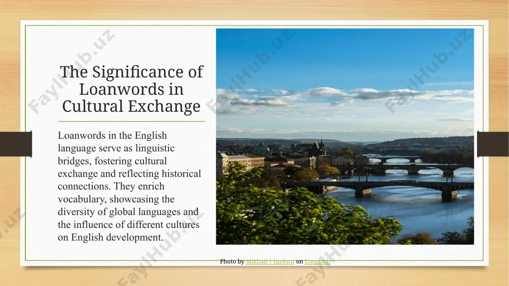 atin, and arabic. they reflect historical interactions and enrich the language with unique cultural elements. vocabulary enrichment incorporating loanwords expands english vocabulary, offering nuanced expressions and concepts. it broadens linguistic diversity and enhances communication by incorporating global influences. cultural exchange significance loanwords showcase the interconnectedness of cultures, facilitating cross-cultural understanding. they highlight the impact of globalization on language evolution, fostering appreciation for diverse linguistic traditions. conclusions in conclusion, the influx of loanwords into the english language highlights the intricate web of cultural exchanges shaping linguistic diversity. understanding the roots of these borrowed words enriches our grasp of global interconnectedness and historical influences. photo by william recinos on unsplash thank you! image5.png image6.png image7.jpg image3.png image4.png /docprops/thumbnail.jpeg