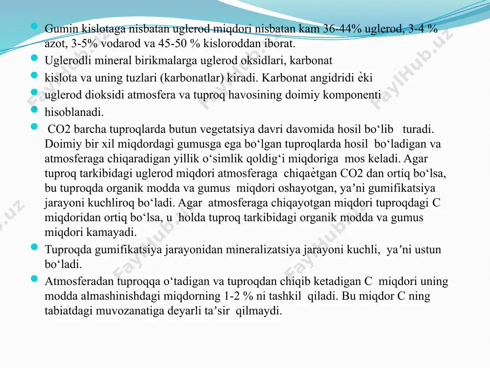 tuproqlarda ham magniy karbonat miqdorining nisbatan ko‘pligi aniqlangan. kuguchkov (1953) maʼlumotlariga ko‘ra, tuproqlarda kalsiy karbonat 15-42 %, magniy karbonat 6-16 % ni tashkil qilib, magniy karbonatning yuqori ko‘rsatkichi 0-40 sm. ga, kalsiy karbonatniki esa 70-80 sm ga to‘g‘ri keladi. markaziy farg‘onaning arzik-shukli tuproqlarida v.isakov maʼlumotlariga ko‘ra magniy karbonat 0,7-3 % oraliqlarida tarqalgan. sodali sho‘rlangan tuproqlarda ko‘mir kislotasining natriy tuzlaridan soda, trona va boshqalarda ko‘proq bo‘ladi. bu kabi tuzlar har xil qatlamlarda hosil bo‘ladi va to‘planadi. karbonatlarning eruvchanligiga qator sabablar taʼsir qiladi. ular har xil eruvchanlikka ega. 30-jadva baʼzi karbonatlarni ml/100 ml suvda eruvchanligi birikmalar 00с 200с 500с сасо3 са(нсо3)2 mgco3 3h2o k2co3 1,5h2o khcо3 na2co3 10h2o nahco3 8.1 × 10-3 6.165 0.149 105.3 22.6 7.0 6.9 6.5 × 10-3 0.166 0.022 110.5 33.3 20.5 9.6 3.8 × 10-3 0.173 0.037 121.3 52.0 -- 14.5 jadval maʼlumotlaridan ko‘rinib turibdiki, kalsiy gidrokarbonatining eruvchanligi uni karbonatiga nisbatan sezilarli darajada yuqori. lekin ularning gidrokarbonatdan …