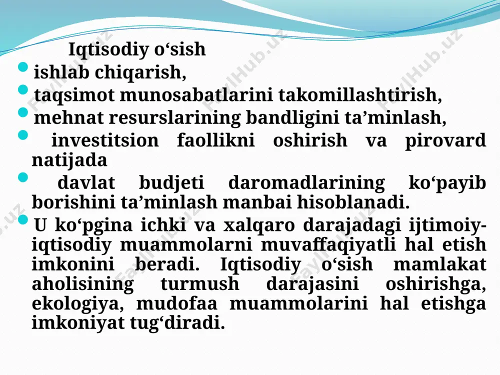 o‘zaro aloqasining asosiy institutlari duch kelganda, “yuqori uzun” davrda iqtisodiy dinamika muammolarini tahlil qiladi. ta’kidlash kerakki, “uzoq muddatli” va “yuqori uzun” davrlar tushunchalari dinamika nazariyasida iqtisodiy vaqt haqida gap borar ekan, xuddi o‘zining vaqtinchalik masofasi va konseptual yo‘nalish kabi farqlanadi (xodisalar sodir bo‘lish tezligi). yuqori uzun davrdagi iqtisodiy o‘sish tahlilining ikki asosiy xususiyatini ajratish mumkin: - iqtisodiy o‘sish iqtisod rivojlanishining tashkiliy elementi sifatida qaraladi. u bir tomondan rivojlanishning siklik xarakterini ifodalaydi, ikkinchi tomondan o‘zi pasayish va depressiya davrlariga tayyorlovchi o‘zgarishlar natijasi hisoblanadi. - makroiqtisodiy tanaffuslar qatorida iqtisodiy rivojlanishning va industrial asoslari, tadbirkorlik muammolari, ishlab chiqaruvchilar qiziqishlari ziddiyatli siljishlari, iste’molchilar va davlat xokimiyati institutlari iqtisodiy faoliyat samaradorligini oshishiga yo‘l qo'ymaydigan yangi iqtisodiy tuzilmaning shakllanishi va uning tashqi muhit o‘zgaruvchanligi sharoitidagi barqarorligini tekshiradi. makroiqtisodiy o‘sish - butun jamiyat miqyosidagi, masalan, mamlakat miqyosidagi iqtisodiyotni o‘sishidir. u jamiyat ishlab chiqarish faoliyatining natijasi bo‘ladi, turli korxona va tarmoqlardagi makroiqtisodiy o‘sishning mazmuni sifatida yuzaga keladi. mikroiqtisodiy …