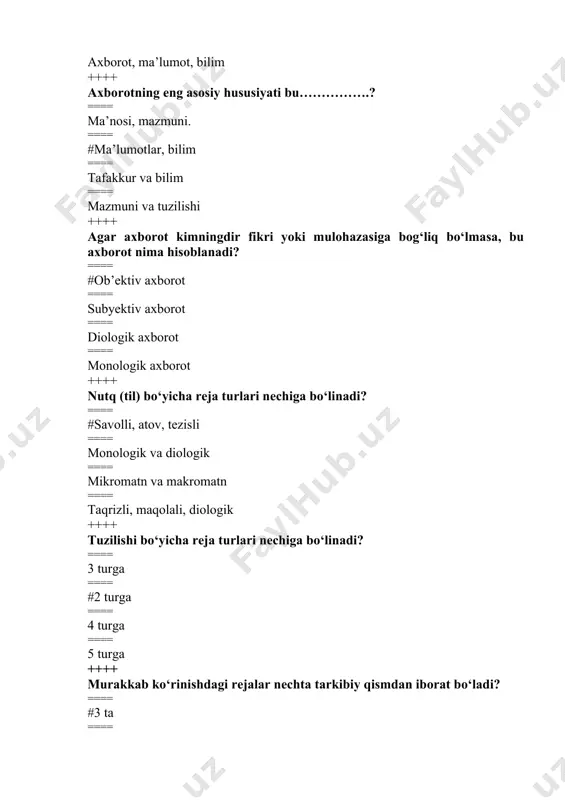 lozim bo‘lgan hukm, mulohaza, fikr – bu…. ==== #tezis; ==== konspekt; ==== tahliliy konspekt; ==== rejali konspekt; ++++ konspekt yozish yozish qoidasi to‘g‘ri berilgan qatorni belgilang. ==== agar o‘qituvchi doskaga bir nimalarni yozsa yoki chizsa, talaba bu axborotni albatta yozmasligi talab etiladi; ==== daftar xoshiyasining chap tomonida ma’ruza o‘tkazilgan sana, so‘ng reja tartib bilan yoziladi; ==== #avval ma’ruzachining fikrini oxirigacha eshtib, so‘ng yozish kerak, chunki ma’ruzachi chetga chiqishi mukin. ==== oddiy siyohrang bilan kalit so‘zlarni belgilab qo‘yish kerak. ++++ yozma ko‘rinishdagi matnning qisqacha mazmuni, u xotira kerakli ma’lumotlarni tiklash imkonini beradi--……….? ==== xronologik konspekt ==== #konspekt ==== tezis ==== rejali konspekt ++++ o‘zbek adabiy tilida nechta nutq uslublari bor? ==== 2ta ==== 3ta ==== #4ta ==== 5ta ++++ …… uslubning asosiy belgisi: jumlalarning bir qolipda, bir xil shaklda bo‘lishi. nuqtalar o‘rniga mos bo‘lgan so‘zni toping. ==== ilmiy uslub; ==== publitsistik uslub; ==== #rasmiy-idoraviy uslub; ==== so‘zlashuv uslubi. ++++ til birligini …