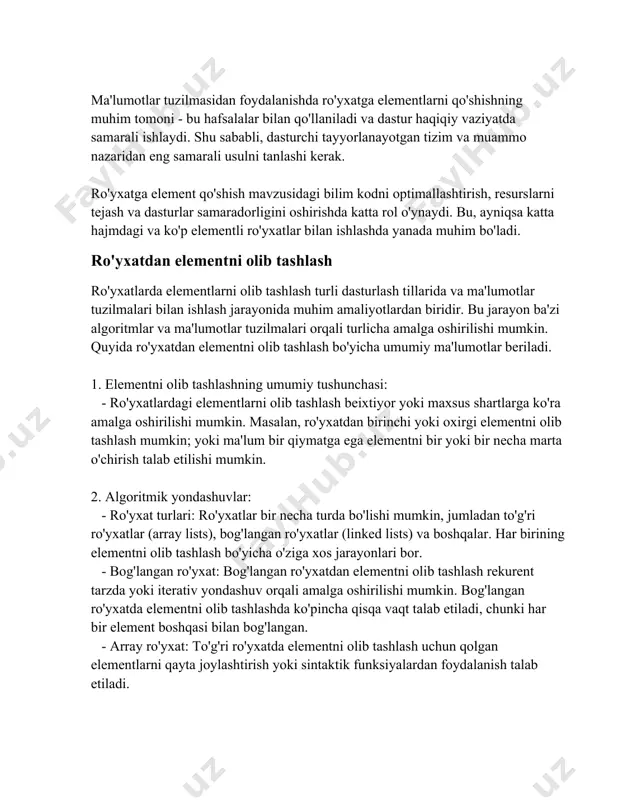 ni samarali boshqarish va foydalanuvchilar tajribasini oshirish uchun katta ahamiyatga egadir. ro'yxatdagi elementni yangilash ro'yxatdagi elementni yangilash mavzusiga oid ma'lumotlarni quyida keltirib o'taman va u faqat ma'lumot hamda raqamlar korinishida boladi: ro'yxat (inglizcha: list) dasturlash tillaridagi asosiy ma'lumotlar tuzilmasi bo'lib, elementlar to'plamini tartiblangan holda saqlash imkonini beradi. ro'yxatlar odatda indekslangan, ya'ni har bir elementning o'z o'rni (indeksi) bo'ladi. ### ro'yxatdagi elementni yangilash: 1. python dasturlash tilida ro'yxatdagi elementni yangilash: - indeksdan foydalanish: python'da ro'yxatdagi istalgan elementni yangilash uchun uning indeksini bilish kifoya. masalan, `my_list[2] = 'yangi qiymat'` kabi. - indekslash boshlanadi: 0 dan. 2. ro'yxat o'lchami: - ro'yxatning o'lchamini bilish uchun `len(my_list)` funksiyasidan foydalaniladi. bu ro'yxatda nechta element borligini qaytaradi. 3. yangilanish uchun vaqt murakkabligi: - o(1) vaqt murakkabligi, bu shuni anglatadiki, indeks orqali murojaat qilish va qiymatni ozgartirish doimiy vaqt talab etadi. 4. ro'yxatdagi elementlarni yangilashning amaliy qo'llanilishi: - deylik, `students` ro'yxatida: `students = ['ali', 'vali', 'hasan', 'husan']`. agar …