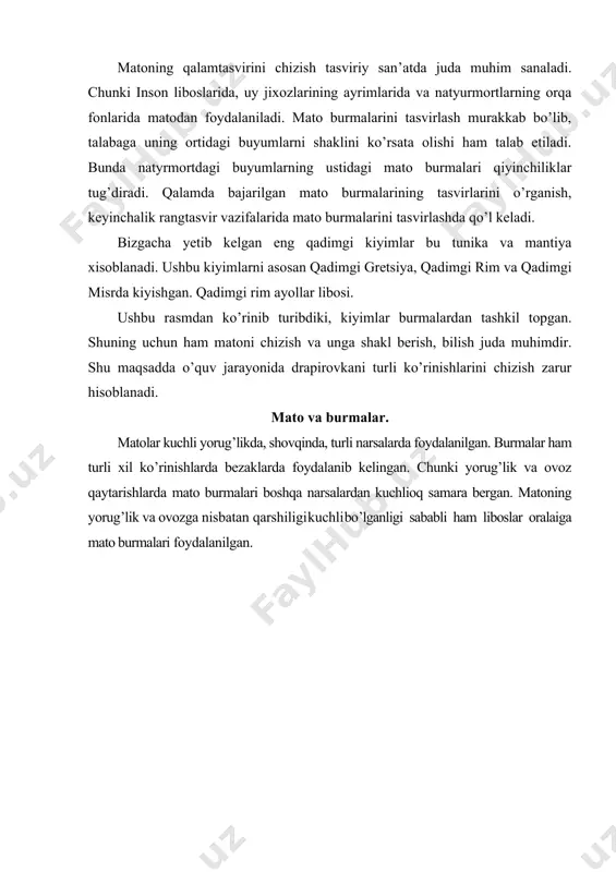 020. 3. xalilov r. рисунок toshkent «navruz» 2013 4. mirziyoev sh.m. tanqidiy tahlil, qat’iy tartib intizom va shxsiy javobgarlik-har bir rahbar faoliyatining kundalik qoidasi bo‘lishi kerak. o‘zbekiston 5. respublikasi vazirlar mahkamasining 2016 yil yakunlari va 2017 yil istiqbollariga bag‘ishlangan majlisidagi o‘zbekiston respublikasi prezidentining nutqi. // halq so‘zi gazetasi. 2017 yil 16 yanvar, № 11 6. mirziyoev sh.m. buyuk kelajagimizni mard va olijanob xalqimiz bilan birga quramiz. toshkent, “o‘zbekiston”, 2017 yil 7. mirziyoev sh.m. qonun ustuvorligi va inson manfaatlarini ta’minlash-yurt taraqqiyoti va xalq faravonligining garovi.toshkent, “o‘zbekiston”, 2017 yil 8. b.boymetov “portret qalamtasviri” pedagogika institutlari va universitetlari talabalari uchun o‘quv qo‘llanma. toshkent, 2001. 9. tojiev b, mahkamova s. “qalamtasvir” (dastlabki saboqlar). metodik qo‘llanma. toshkent, 2013.