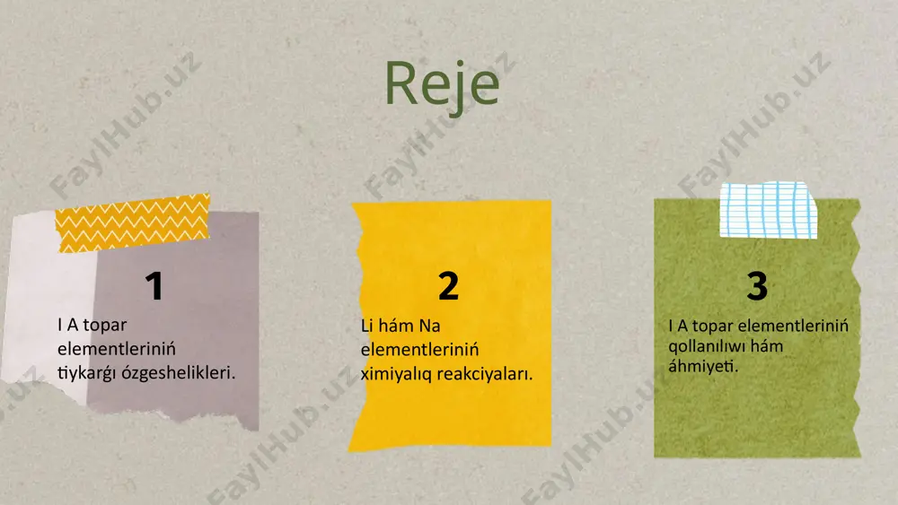enen tez reakciyaga kirisip, kúshli gazler shiǵaradı. k bolsa suw menen júdá kúshli reakciyalardı payda etedi. esletpeler i a topar elementleriniń fizikalıq qásiyetleri olardıń ximiyalıq qásiyetlerine de tásir etedi. olar júdá reaktiv bolip, basqa elementler menen ańsat reakciyaga kirisedi. i a topar elementleriniń ximiyalıq qásiyetleri. i a topar elementleri, yaǵnıy litiy, natriy, kaliy, rubidiy, sezyum hám franciyler, óz aldına ximiyalıq qásiyetlerge iye bolıp, olar metallar semeystvosına kiredi. olardıń tiykargı reakciyaları suw menen, oksidler menen hám galogenler menen júz beredi. mısalı, natriy suw menen reakciyaga kiriskende gidrogen gazın shiǵaradı hám natriy gidroksidti payda etedi. elektron dúzilisi jaģınan, i a topar elementleri bir valentlik elektronga iye hám bul olardıń ion payda etiw qábiletin belgileydi. olar tómen energiya jaģdayına ótiw ushin óz elektronların ańsatlıq penen joģaltadı, bul bolsa olardıń kationlar payda etiw qábiletin arttıradı. mısalı, natriy kationi (na+) hám kaliy kationi (k+) payda boladı. diagrammalar arqalı bul proceslerdi kórsetiw, olardıń reakciyaların jáne de …