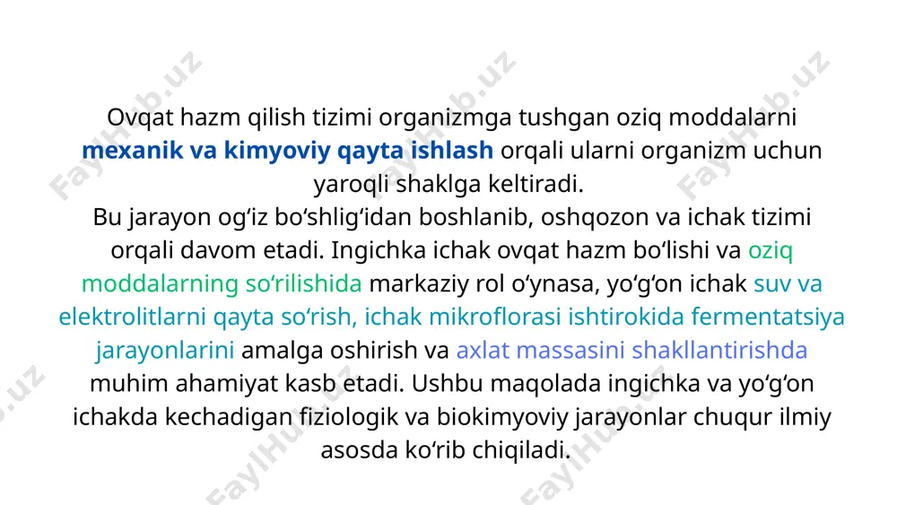 azalar (dnkaza, rnkaza) – nuklein kislotalarni nukleotidlarga aylantiradi. shuningdek, o‘t suyuqligi (safro) ham duodenumga tushadi va yog‘larning emulsifikatsiyasini amalga oshiradi, bu esa lipazalar faolligini oshiradi. och ichak: so‘rilish jarayonining asosiy qismi och ichak yuzasi villuslar va mikrovilluslar bilan qoplangan bo‘lib, bu uning so‘rilish yuzasini 200 m² gacha oshiradi. so‘rilish quyidagi mexanizmlar orqali amalga oshadi: - faol transport: natriy-glukozali ko-transport (sglt-1) orqali glyukoza va galaktoza so‘riladi. - fasilitatsiyalangan diffuziya: fruktoza glut-5 orqali qonga o‘tadi. - protein va aminokislotalar so‘rilishi: na⁺-bog‘liq aminokislota transporterlar orqali o‘tadi. - lipidlarning limfaga o‘tishi: yog‘ kislotalari va monogliseridlar xylomikronlar shaklida limfa kapillyarlariga so‘riladi. yonbosh ichak: ixtisoslashgan so‘rilish jarayoni yonbosh ichakda b12 vitamini (kobalamin) intrinsik faktor bilan bog‘langan holda maxsus retseptorlar orqali so‘riladi. shuningdek, safro tuzlari reabsorbsiyasi bu qismda sodir bo‘lib, ularning yana jigar va o‘t pufagiga qaytishi bilan safro aylanishi amalga oshadi. yo‘g‘on ichakda ovqat hazm bo‘lishi va fermentatsiya jarayoni yo‘g‘on ichakda oziq-ovqat tarkibidagi hazm bo‘lmagan moddalar …