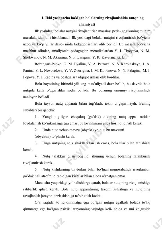 o’rnatgan emas. mana shu yuqoridagi yo’nalishlarga qarab, bolalar nutqining rivojlanishiga rahbarlik qilish kerak. bola nutq apparatining takomillashishiga va nutqining ravojlanish jarayoni tezlashishiga ta’sir etish lozim. o’z vaqtida. to’liq qimmatga ega bo’lgan nutqni egallash bolada to’liq qimmatga ega bo’lgan psixik jarayonning vujudga keli- shida va uni kelgusida rivojlantirishdagi eng muhim vositalardan biri ekanligini olimlar o’zlarining ilmiy-nazariy qarashlarida isbotlab berishgan. bolada nutq ilk yoshidanoq shakllana boshlaydi. bu davrda egallangan nutq bolaning kelgusida ona tilini mukammal egaila- shida asosiy zamin bo’lib xizmat qiladi. bola tug’ilishi bilan atrofdagilar bilan nutqiy munosabatga kirishadi, bu munosabat orqali o’zidagi hamma kuch va qobiliyatni rivojlantiradi. tarbiyachi-hamshira ilk yoshdagi bolalar nutqini o’stirishga jiddiy e’tibor berishi va uni rivojlantirishga oid barcha ishlarni sistemali tarzda tashkil etishi lozim. ilk yoshidagi davr bolaning jismoniy va ruhiy tomondan tezkorlik bilan (intensiv) rivojlanish bosqichi hisoblanadi. bu yoshda markaziy nerv sistemasining rivojlanishida sezilarli o’z- garishlar sodir bo’ladi va miya fiziologik jihatdan yetilib bo’ladi. masalan, 7 …