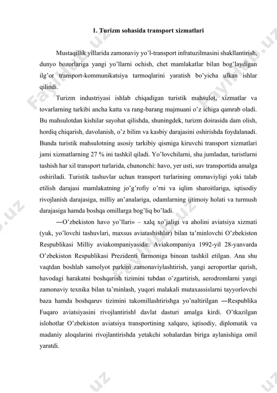 n islohotlar o’zbekiston aviatsiya transportining xalqaro, iqtisodiy, diplomatik va madaniy aloqalarini rivojlantirishda yetakchi sohalardan biriga aylanishiga omil yaratdi. «o’zbekiston havo yo’llari» milliy aviakomapniyasi xalqaro aviatashuvlar bozorida o’zining munosib o’rniga ega. u o’z faoliyati davomida bir necha marotaba nufuzli mukofotlar: faol ishlari uchun «yevromarket – 2000» sovrini, xalqaro aviatsiya xavfsizligi jamg’armasi diplomi, xalqaro aeroportlar birlashmasi mukofotlariga sazovor bo’ldi. aviakompaniya amerika, yevropa, yaqin va o’rta sharq davlatlari, janubi-sharqiy va markaziy osiyo hamda mdhning 40 ortiq shaharlariga muntazam qatnovlarni amalga oshiradi. hozirgi kunda milliy aviakompaniyamiz tasarrufida 11 ta xalqaro aeroport mavjud bo’lib, ular quyidagilardan iborat: islom karimov nomidagi ―toshkent‖ xalqaro aeroporti, ―samarqand‖ xalqaro aeroporti, ―buxoro‖ xalqaro aeroporti, ―urganch‖ xalqaro aeroporti, ―navoiy‖ xalqaro aeroporti, ―namangan‖ xalqaro aeroporti, ―nukus‖ xalqaro aeroporti, ―termiz‖ xalqaro aeroporti, ―andijon‖ xalqaro aeroporti, ―farg’ona‖ xalqaro aeroporti va ―qarshi‖ xalqaro aeroporti. "o’zbekiston havo yo’llari" milliy aviakompaniyasi aviayo’lovchilarga 2018-yilning 1-yanvaridan barcha xalqaro aeroportlarda o’zbekiston respublikasi bojxona chegarasidan o’tish joylarida ikkita yo’lak tizimini ("yashil" …