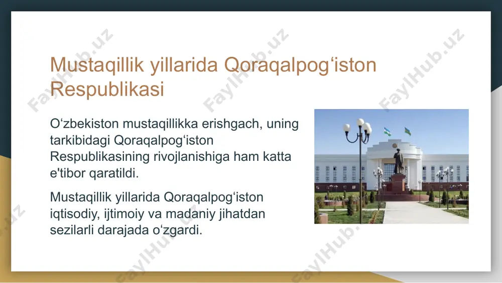 ivojlanishiga ham katta e'tibor qaratildi. mustaqillik yillarida qoraqalpogʻiston iqtisodiy, ijtimoiy va madaniy jihatdan sezilarli darajada oʻzgardi. qoraqalpogʻiston respublikasining geografik va ma'muriy tavsifi hududi: 166,600 km² aholisi: 2 millionga yaqin ma'muriy markazi: nukus shahri oʻzbekiston tarkibidagi muxtor respublika mustaqillikning dastlabki yillarida qoraqalpogʻistonning holati mustaqillikdan oldin iqtisodiy qiyinchiliklar mavjud edi. orol dengizining qurishi ekologik muammolarni keltirib chiqargan edi. qishloq xoʻjaligi va sanoat rivojlanishdan orqada edi. mustaqillikning dastlabki yillaridagi asosiy o‘zgarishlar yangi qonunchilik asoslari yaratildi. qoraqalpogʻiston oʻzbekiston tarkibida mustaqil boshqaruv huquqiga ega boʻldi. davlat tomonidan iqtisodiy va ijtimoiy islohotlar boshlandi. iqtisodiy islohotlar va sanoat rivoji neft-gaz sohasi rivojlanmoqda. kimyo va tekstil sanoatiga katta sarmoyalar kiritilmoqda. mahalliy sanoat korxonalari modernizatsiya qilindi. qishloq xo‘jaligi modernizatsiya qilindi. xususiy tadbirkorlik rivojlantirildi. yangi korxonalar tashkil etildi. orol dengizi muammosi va ekologik islohotlar orolbo‘yi hududlarini tiklash bo‘yicha xalqaro loyihalar amalga oshirildi. "yashil kamar" dasturi doirasida koʻplab daraxtlar ekildi. mahalliy va xalqaro tashkilotlar bilan hamkorlikda ekologik loyihalar olib borildi. transport …