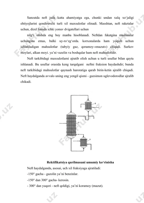 di. -yengil benzin-gazolin yoki petroley efiri. kdynash xarorati 40-70 s, solishtirma massasi 0,64-0,66 g/sm1. petroley efiri asosan, erituvchi sifatida ishlatiladi. -urtacha benzin (xakikiy benzin). qaynash harorati 70-120 °s; zichligi 0,70g/sm\ benzin fraksiyasi texnikaning qaysi sohasida ishlatilishiga kо‘ra aviatsion, avtomobil benzini va hokazolarga bо‘linadi. texnikada о‘rta benzin fraksiyasi, asosan, ichki yonuvchi dvigatellarida yonilg‘i sifatida ishlatiladi. ogir benzin yoki boshqacha aytganda ligroin. qay​nash harorati 120-140 °s; solishtirma massasi 0,73-0,77 g/sm3. bu fraksiya dizel dvigatellari uchun yonilg‘i sifatida ishlatiladi. kerosin fraksiyasi. bu fraksiyani tashkil kilgan uglevodo-rodlar molekulasida uglerod atomlarining soni 9 dan 16 gacha buladi. kerosin fraksiyasi maxsus usullar bilan tozalangach, traktor dvigatellarida va uy-ruzgorda yonilgi sifatida ishlatiladi. qoramoy (mazut) fraksiyasi. bu fraksiyadagi uglevodlar molekulasida uglerod atomlarining soni 16 va undan ortik buladi. koramoy kayta ishlanganda, masalan, xaydalganda u parchalanib ketishi mumkin. shu sababli mazut suv bug‘i vositasida yoki vakuumda haydaladi. mazutdan solyar moylar, turli surkov moylari, vazelin, alkan va boshqalar olinadi. solyar …