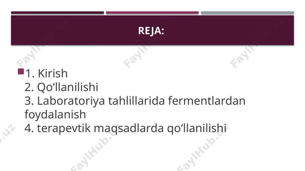 za oksidaza fermenti ishlatiladi – bu ferment qondagi glyukoza miqdorini aniq aniqlaydi va amperometrik biosensorlarda qoʻllaniladi. hozirgi vaqtda bunday biosensorlar diabet bilan ogʻrigan bemorlar uchun hayotni osonlashtirgan asbob-uskunalarga aylandi. terapevtik maqsadlarda qoʻllnilishi fermentlar qon ivishini boshqarishda katta ahamiyatga ega. masalan, streptokinaza va urokinaza kabi trombolitik fermentlar qon tomirlaridagi qon ivishini eritish uchun ishlatiladi. streptokinaza plazminogenni faollashtirib, fibrinoliz jarayonini ragʻbatlantiradi va yurak xurujidan keyin qutqarishda samarali. terapevtik maqsadlarda qoʻllnilishi antikoagulyantlar orasida geparin va girudin alohida oʻrin tutadi: geparin antitrombin iii bilan birgalikda qon ivishini toʻxtatadi, girudin esa trombinni toʻsiq qiladi. bu dorilar fermentlar yordamida ishlab chiqariladi va jarrohlikdan keyingi asoratlarni oldini oladi. shuningdek, fermentlar dorilarni maqsadli yetkazib berishda ham qoʻllaniladi. immobilizatsiya qilingan fermentlar, masalan, liposomaga joylashtirilgan shakllar, dorivor moddalarni shish hujayralariga yoʻnaltiradi. xulosa xulosa qilib aytganda, fermentlar tibbiyotning ajralmas qismiga aylandi – ular tashxisdan davolashgacha boʻlgan barcha bosqichlarda yordam beradi. biroq, ularning qoʻllanilishida ehtiyotkorlik zarur, chunki fermentlarning faolligi harorat va ph …