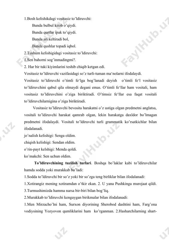 gan birikmalar bilan ifodalanadi: 1.men mirzacho’lni ham, surxon diyorining sherobod dashtini ham, farg’ona vodiysining yozyovon qumliklarini ham ko’rganman. 2.hasharchilarning shart-sharoitlarini yaxshilash, ularga yordam ko’rsatish to’grisida ko’rsatma berildi.3.tevarak-atrof qushlar chug’uriga, anvoyi gullar isiga to’lib ketdi. izohlanayotgan fe‘lning bo’sh o’rnini to’ldirishda sodda to’ldiruvchi ham kengaygan to’ldiruvchi ham bir xil mavqega ega bo’ladi - u qancha kengaygan bo’lmasin, baribir bir o’rinni to’ldiradi. bir so’zdan iborat to’ldiruvchiga ham, bir necha so’z bilan kengaygan to’ldiruvchiga ham fe‘l valentligidan bitta bo’sh o’rin «ajratilgan». aniqlovchi ва уning ifodalanishi. aniqlovchi ot bilan ifodalangan, shuningdek, bo’lak yoki bo’lak bo’laklarining, undalma yoki kirish birikmalarining kengaytiruvchisidir. to’ldiruvchi kabi aniqlovchi ham so’z kengaytiruvchisi sifatida gap tarkibida qatnashayotgan otlarning lug’aviy valentligini to’ldiruvchi vosita sifatida namoyon bo’ladi va gap konstruktiv tuzilmasi o’rin egallamaydi. uning lisoniy satrga aloqadorligi muayyanlashuvchi otning qanday valentligiga muvofiq kelishi va uni sintaktik aloqa bilan voqelantirishidir. aniqlovchi so’z kengaytiruvchisi ekan, u istagan gap bo’laklariga tobelanishi mumkin: 1.kesim aniqlovchisi: nilufar a‘lochi talaba. …