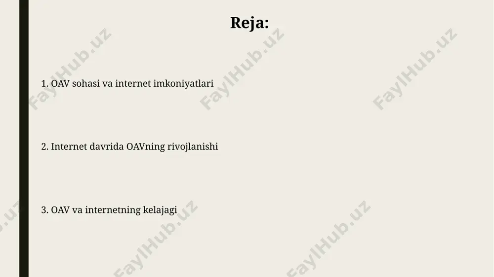 av va internet integratsiyasi natijasida video-kontent yaratuvchi, 3d animator, virtual haqiqat mutaxassisi kabi yangi kasblar paydo bo'ldi. onlayn media platformalari o'rtacha foydalanuvchi kuniga 2-3 soatdan ortiq vaqtni turli xil onlayn media platformalarida, jumladan ijtimoiy tarmoqlarda o'tkazadi, bu esa ulkan reklama imkoniyatlarini ochib beradi. 2023 yilda onlayn media platformalarida video kontent iste'moli 80% ga oshdi, bu esa brendlar uchun video marketingga sarmoya kiritishning muhimligini ko'rsatadi. internetning ommaviy axborot vositalariga ta'siri internetning ommaviy axborot vositalariga ta'siri natijasida, 2000-yillardan boshlab, yangiliklarning tarqalish tezligi 10 baravarga oshdi, bu esa real vaqt rejimida global voqealarni yoritish imkoniyatini yaratdi. internet platformalarining paydo bo'lishi bilan, an'anaviy oavlarning auditoriyasi sezilarli darajada kamaydi, chunki 25 yoshgacha bo'lgan yoshlar internet-resurslardan 70% ko'proq foydalanadilar. e'tiboringiz uchun rahmat @taqdimot_robot image1.jpg image2.jpg image3.jpg image4.jpg image5.jpg image6.jpg image7.jpg