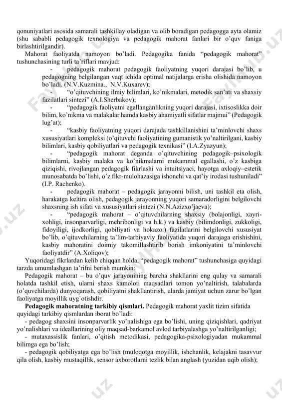 i. bu fanning tuzilish prinsipining o’ziga xosligi shundaki, u pedagogda shaxs va jamoaga ta’sir eta olishni ta’minlaydigan va turli fanlarga bog`liq bo’lgan bilimlarni tanlab, ularni o’zida mujassamlashtiradi. shuning uchun ham fan dasturiga pedagogik mahorat mohiyati, o’quvchiga ta’sir etish vositalari va usullari kabi pedagogik mahoratning odatdagi masalalaridan tashqari, teatr pedagogikasi va notiqlik san’ati haqidagi ma’lumotlar ham kiritilgan. bu fanni o’rganish pedagogika, psixologiya, metodika va boshqa pedagogik fanlardan egallangan bilimlarga asoslanadi. pedagogik faoliyat bu mazmunini o’quvchilarni o’qitish, tarbiyalash, rivojlantirish tashkil qilgan faoliyatdir. shuni yodda tutish kerakki, pedagogik faoliyat bu bir tomonlama emas, balki ikkitomonlama (hamkorlikdagi) faoliyatdir. unda ikkita faol tomon ishtirok etadi: o’qituvchi – o’quvchi (o’quvchi). maqsad – o’quvchi, o’quvchi shaxsi, uning rivojlanishidir. mohir pedagog deb ta’lim-tarbiya jarayonini samarali tashkillay oladigan, buning uchun o’quvchi psixologiyasini yaxshi bilgan, o’zida pedagog uchun zarur bo’lgan kasbiy fazilatlarni mujassam etgan, ta’lim jarayonini zamonaviy pedagogik texnologiyalar qonuniyatlari asosida samarali tashkillay oladigan va olib boradigan pedagogga ayta olamiz …